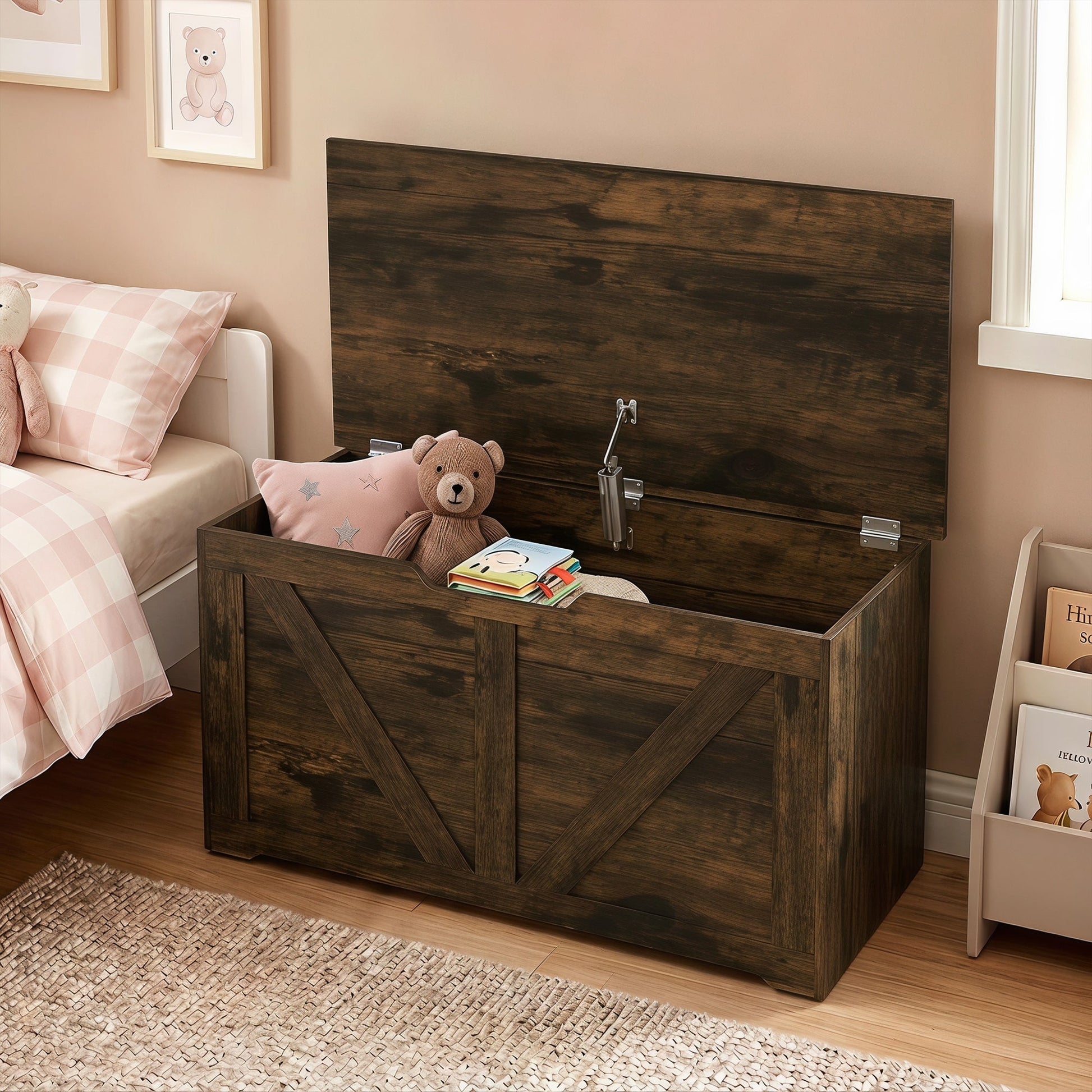 100L Storage Chest, Shoe Storage Trunk Bench Box with Safety Hinge and U-shaped Cut-out Pull, Blanket Box Ottoman for Bedroom, Living Room, Entryway, 80 x 40 x 45 cm, Rustic Brown Wood-Effect
