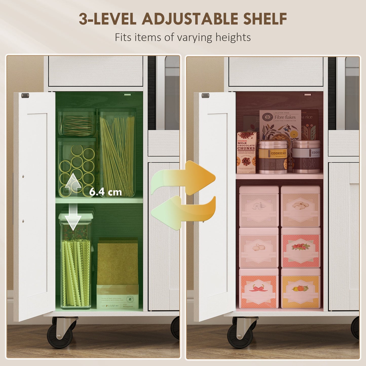 Rolling Kitchen Cart, Microwave Cabinet, Sliding Tray, Drawer, 3-Door Cupboards, Adjustable Shelf, Open Compartment, Kitchen Island, Dining Room, White