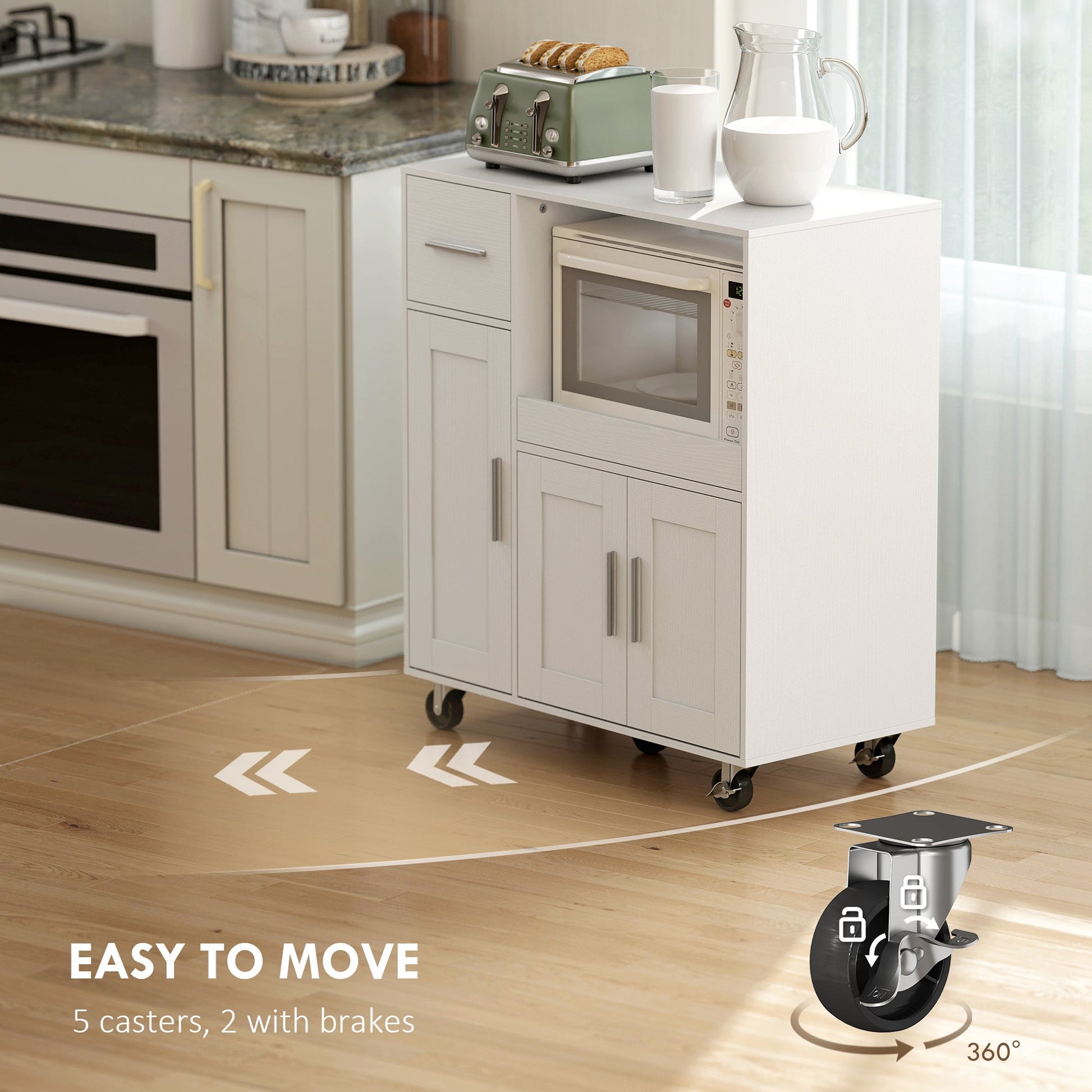 Rolling Kitchen Cart, Microwave Cabinet, Sliding Tray, Drawer, 3-Door Cupboards, Adjustable Shelf, Open Compartment, Kitchen Island, Dining Room, White