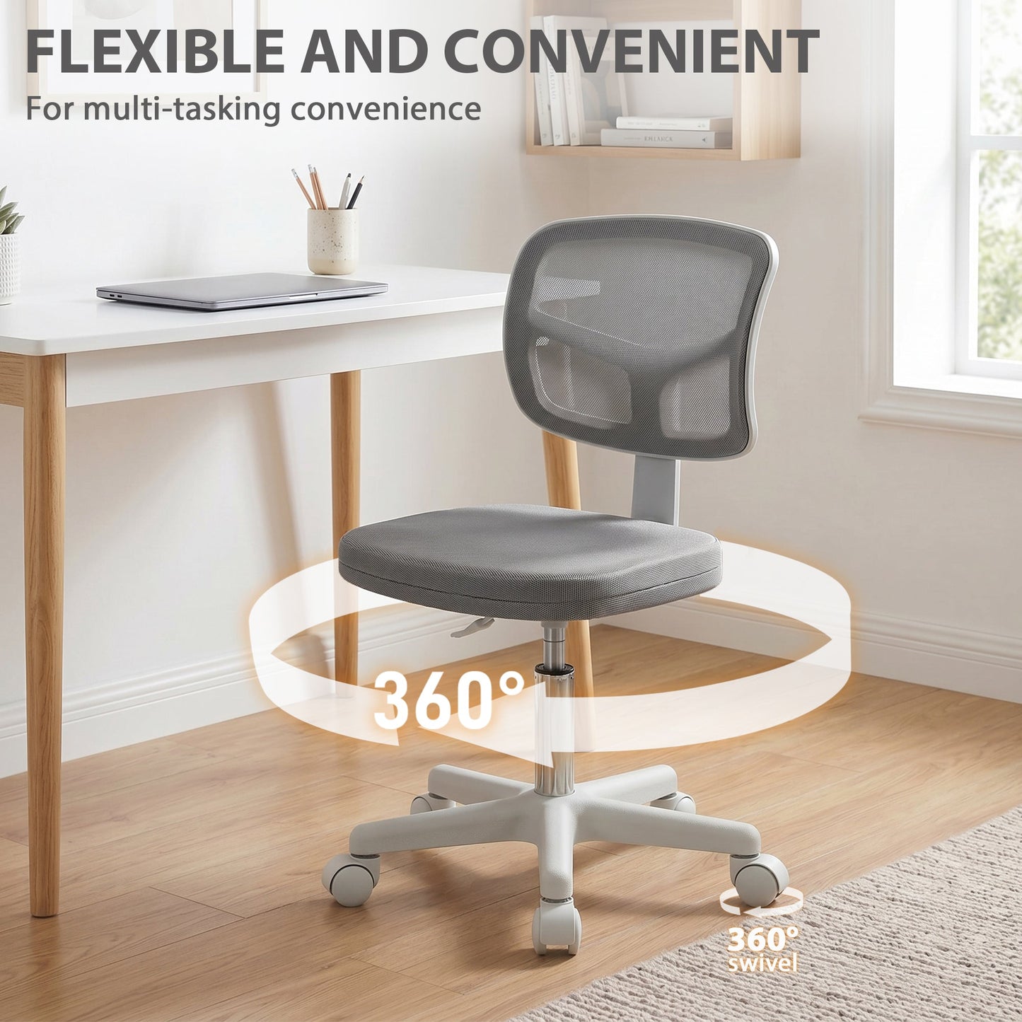 Small Office Chair without Arms, Ergonomic Swivel Mesh Desk Chair with Curved Back and Wheels, Height Adjustable for Home Vanity Computer Dressing Table Study Bedroom, Dark Grey