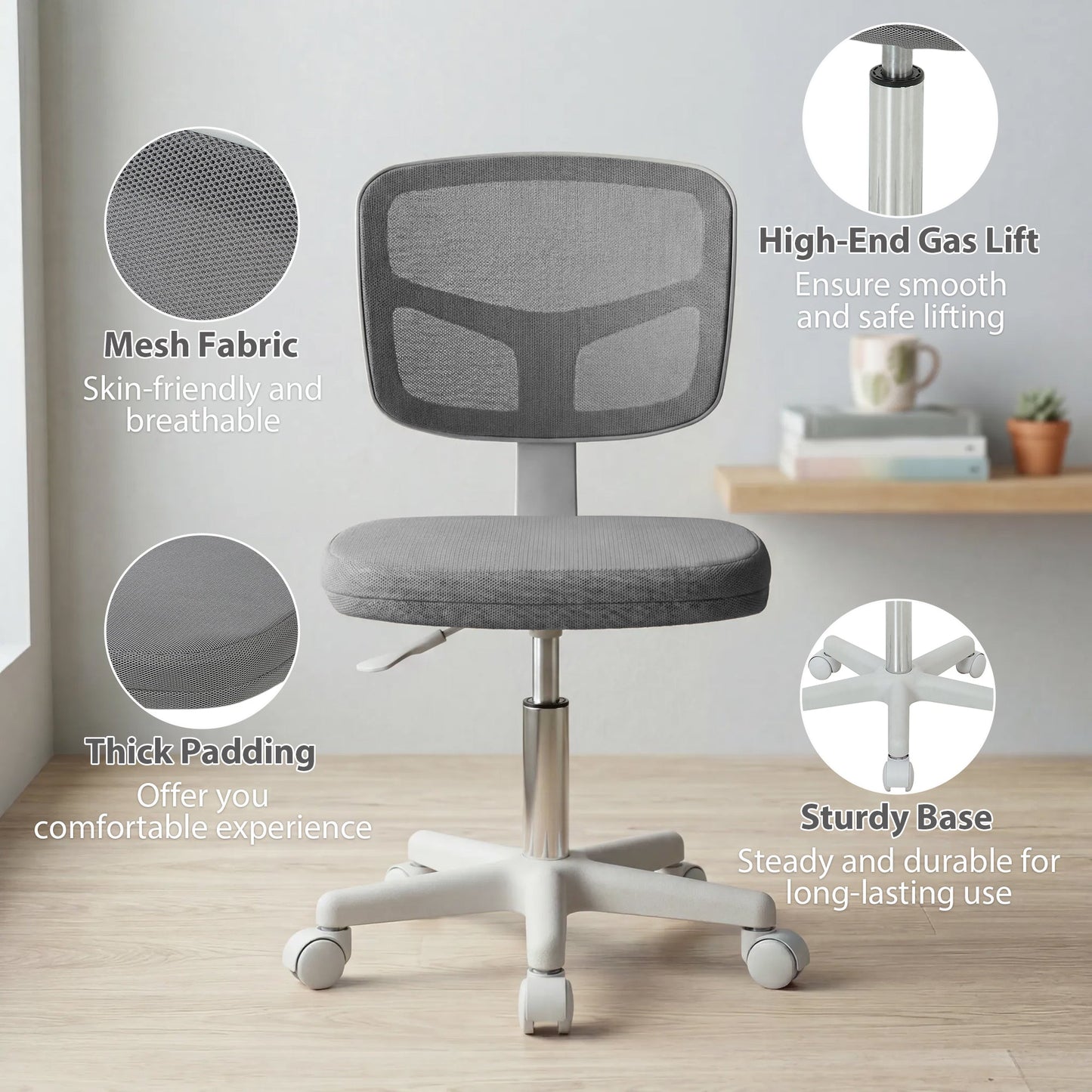 Small Office Chair without Arms, Ergonomic Swivel Mesh Desk Chair with Curved Back and Wheels, Height Adjustable for Home Vanity Computer Dressing Table Study Bedroom, Dark Grey