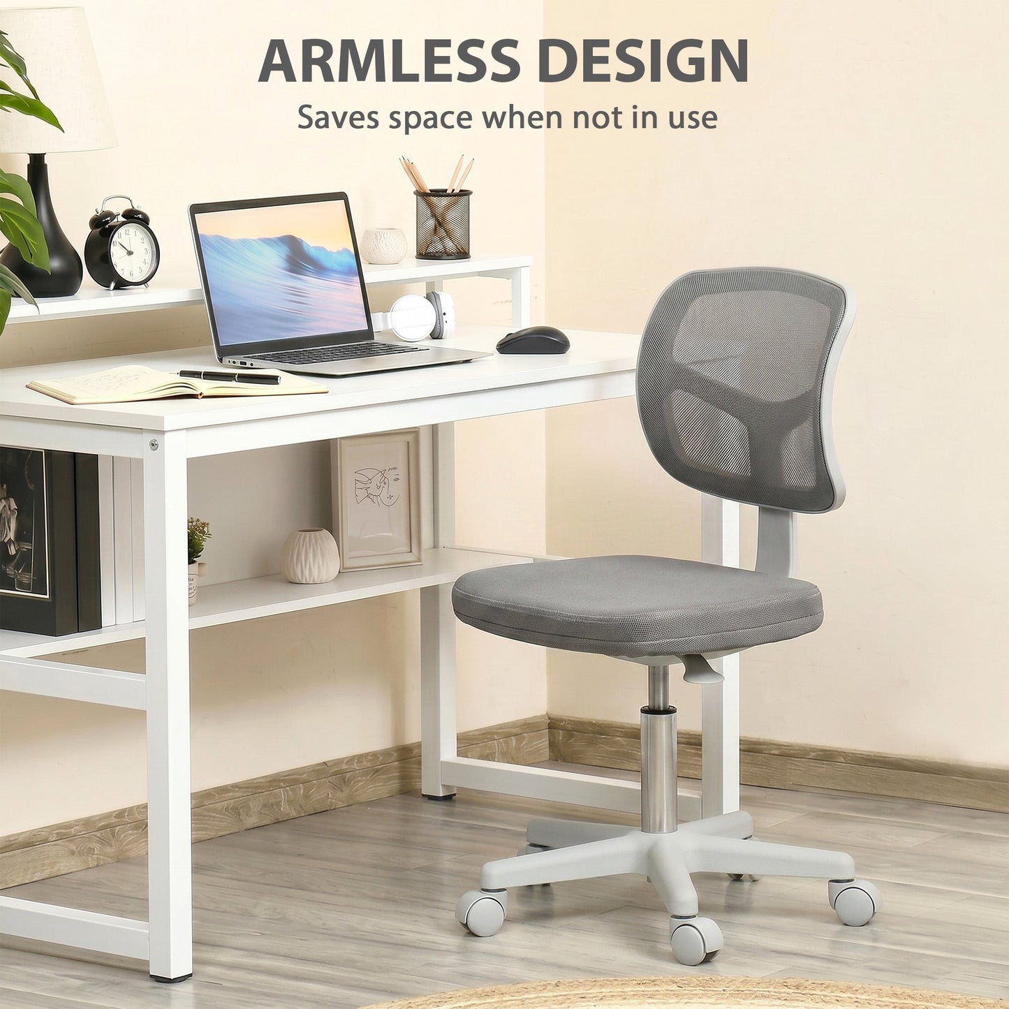 Small Office Chair without Arms, Ergonomic Swivel Mesh Desk Chair with Curved Back and Wheels, Height Adjustable for Home Vanity Computer Dressing Table Study Bedroom, Dark Grey