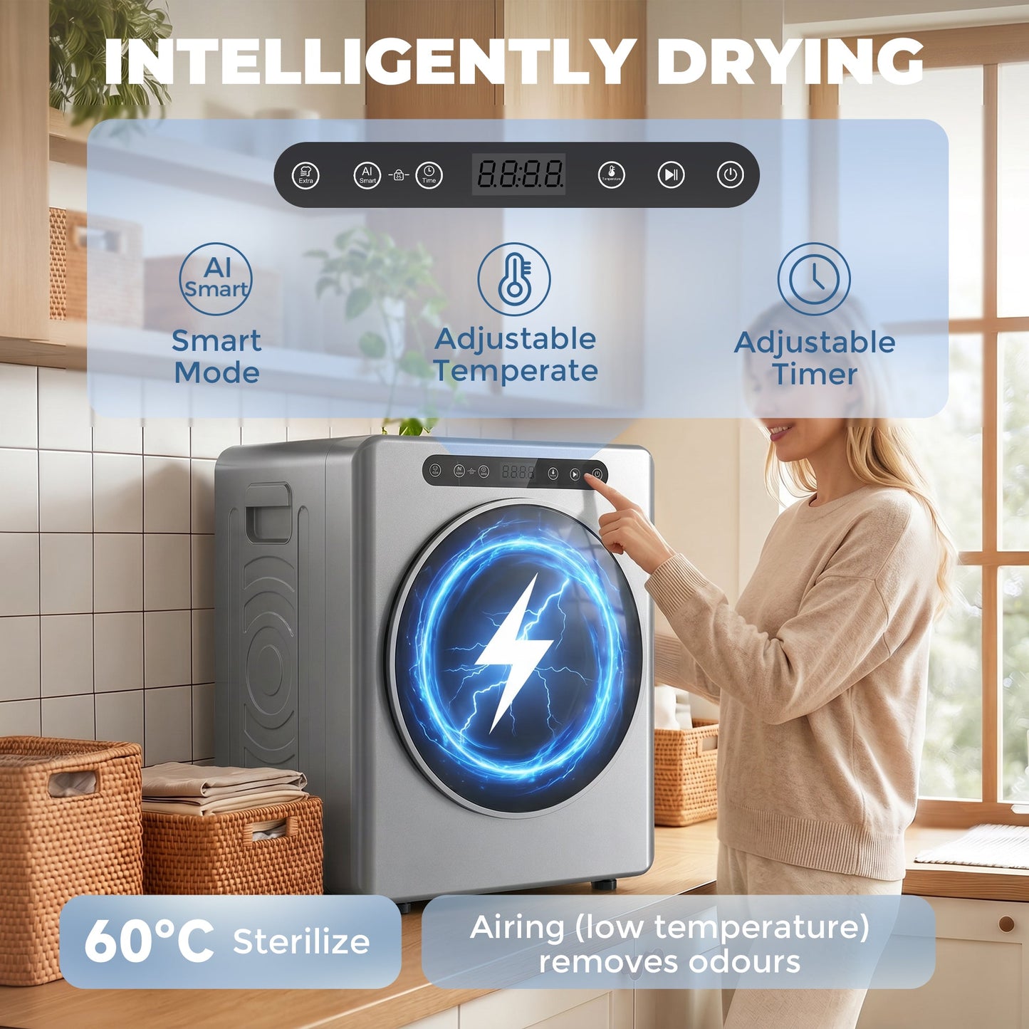 5kg Vented Tumble Dryer, 1000W Compact Freestanding Front Tumble Dryer with Stainless Steel Tub, Timer, 6 Heat Settings, Small Portable Clothes Drying Machine, Silver Tone