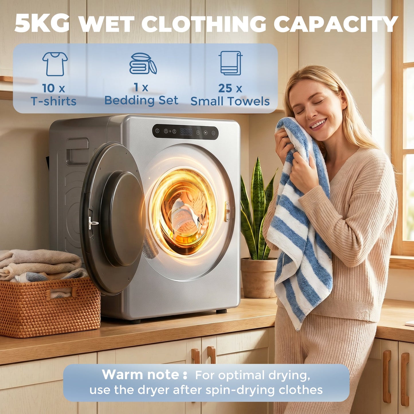 5kg Vented Tumble Dryer, 1000W Compact Freestanding Front Tumble Dryer with Stainless Steel Tub, Timer, 6 Heat Settings, Small Portable Clothes Drying Machine, Silver Tone