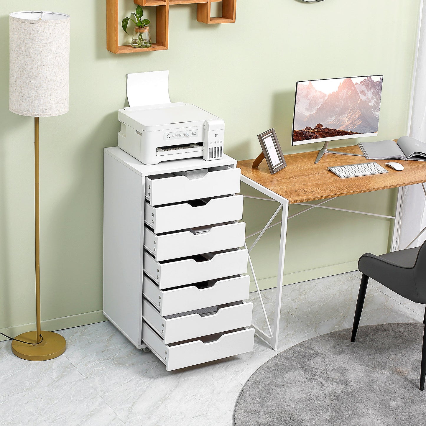 Vinsetto Vertical Filing Cabinet, 7-drawer File Cabinet, Mobile Office Cabinet on Wheels for Study, Home Office, White