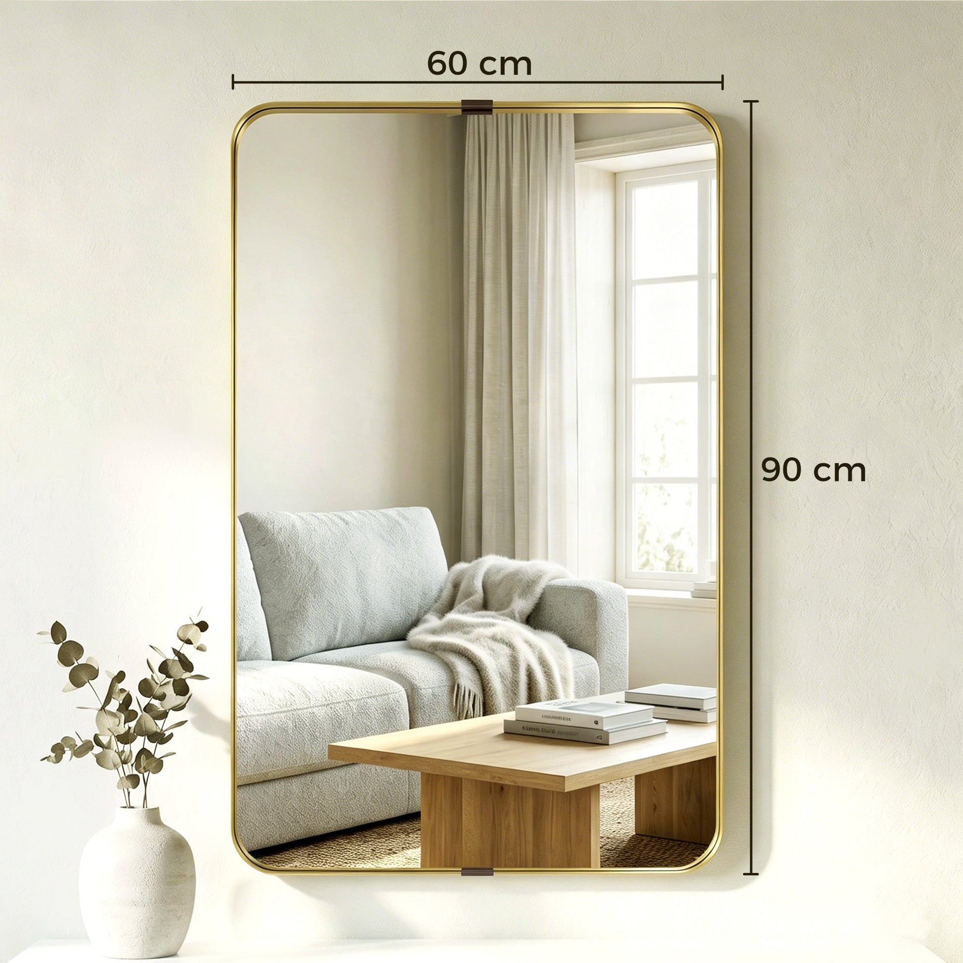 Rectangular Wall Mirror, 90 x 60 cm Wall Mounted Bathroom Mirror with Aluminium Alloy Frame and Tempered Glass for Hallway, Living Room, Bedroom, Gold Tone