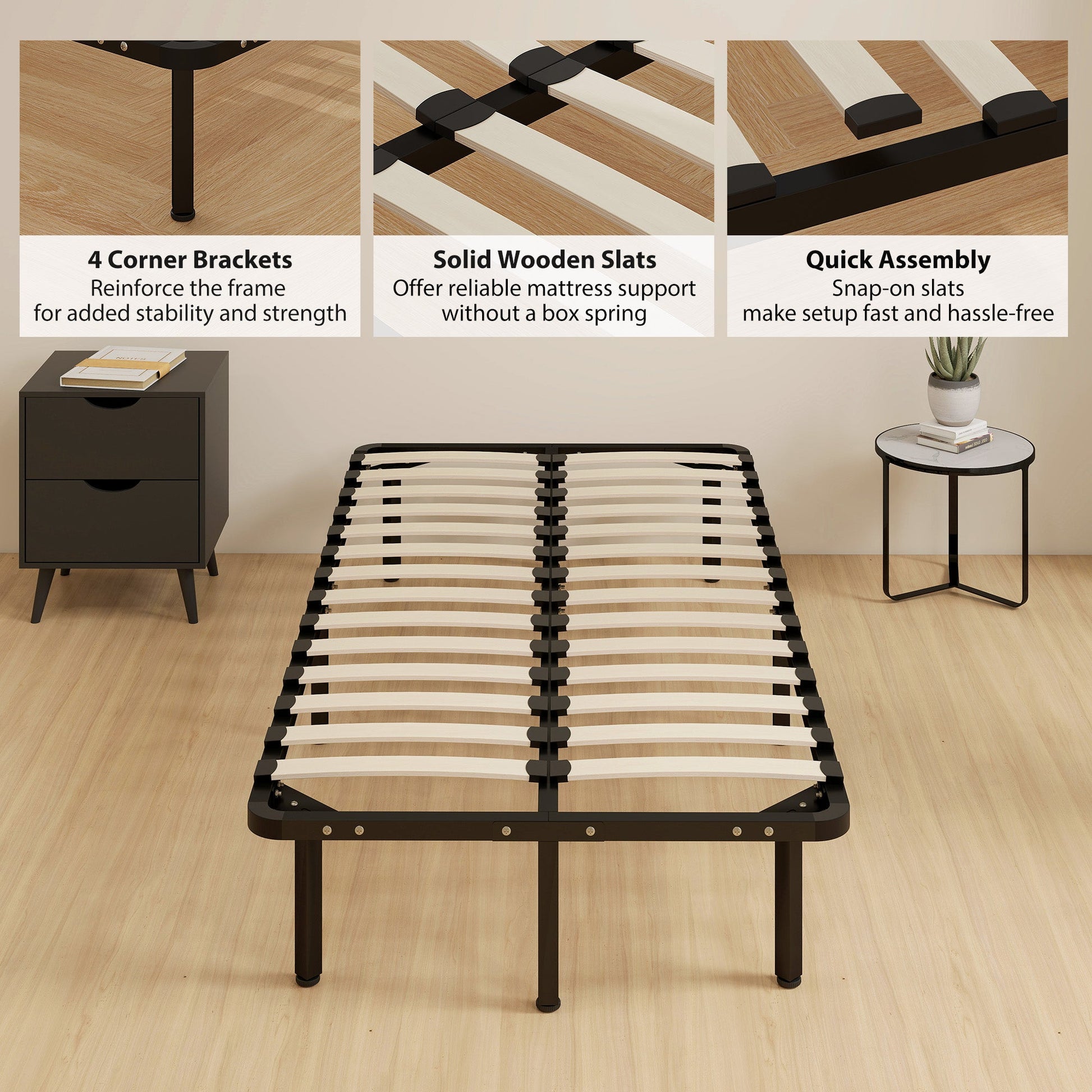 3ft Single Bed Frame, Metal Platform Bed Frame with 2 x 14 Wood Slats, No Box Spring Needed, Underbed Storage, Easy to Assemble, Black