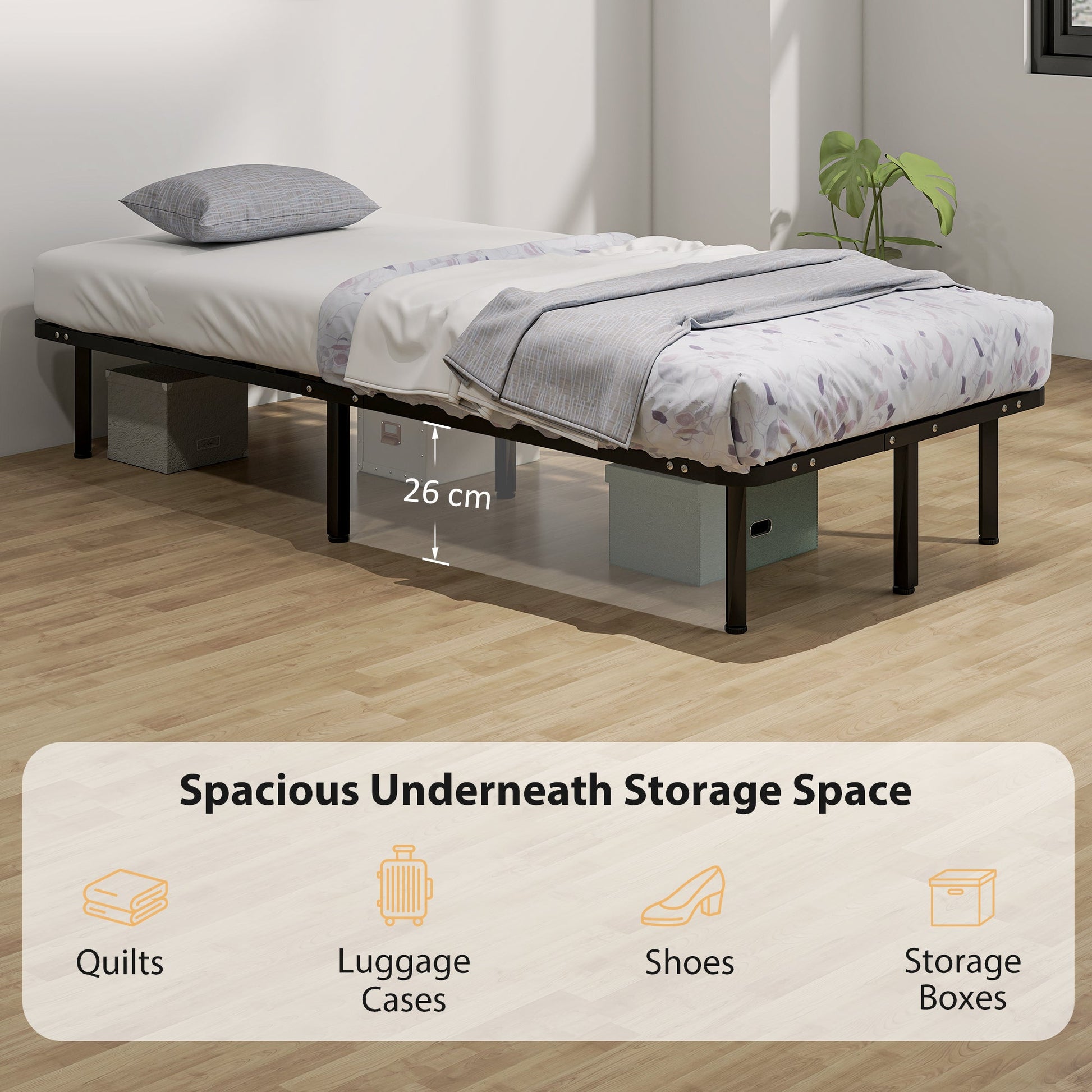 3ft Single Bed Frame, Metal Platform Bed Frame with 2 x 14 Wood Slats, No Box Spring Needed, Underbed Storage, Easy to Assemble, Black