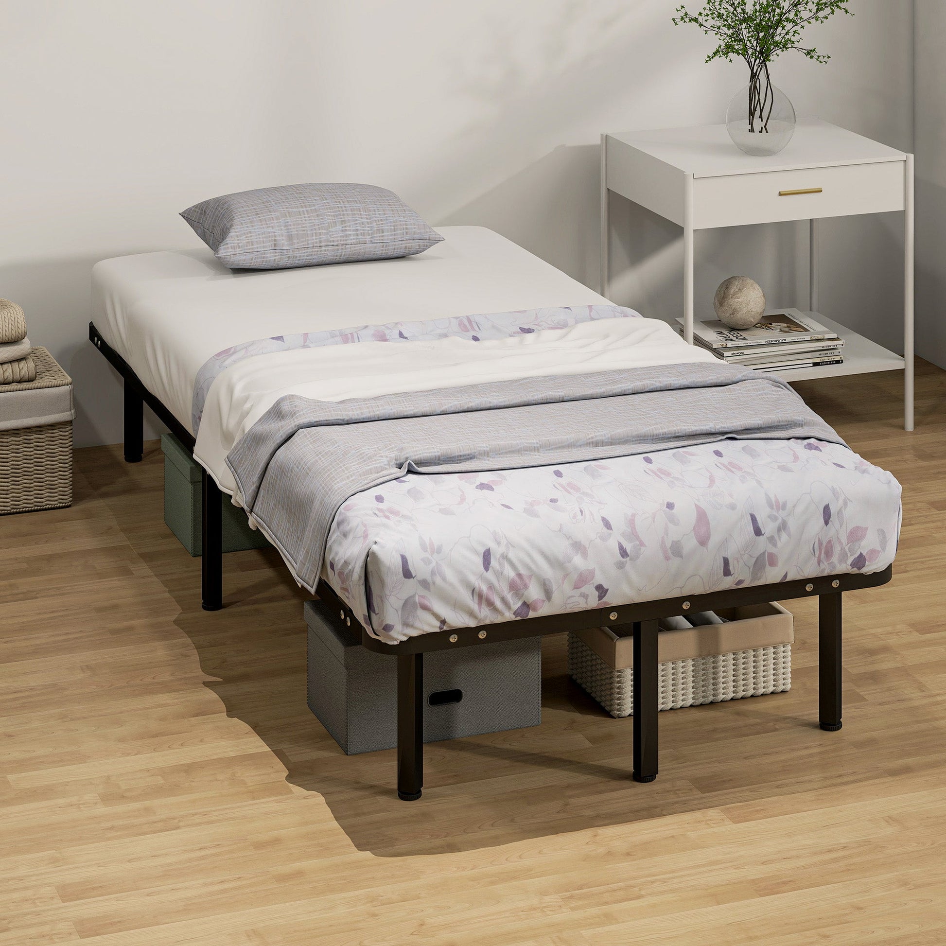 3ft Single Bed Frame, Metal Platform Bed Frame with 2 x 14 Wood Slats, No Box Spring Needed, Underbed Storage, Easy to Assemble, Black