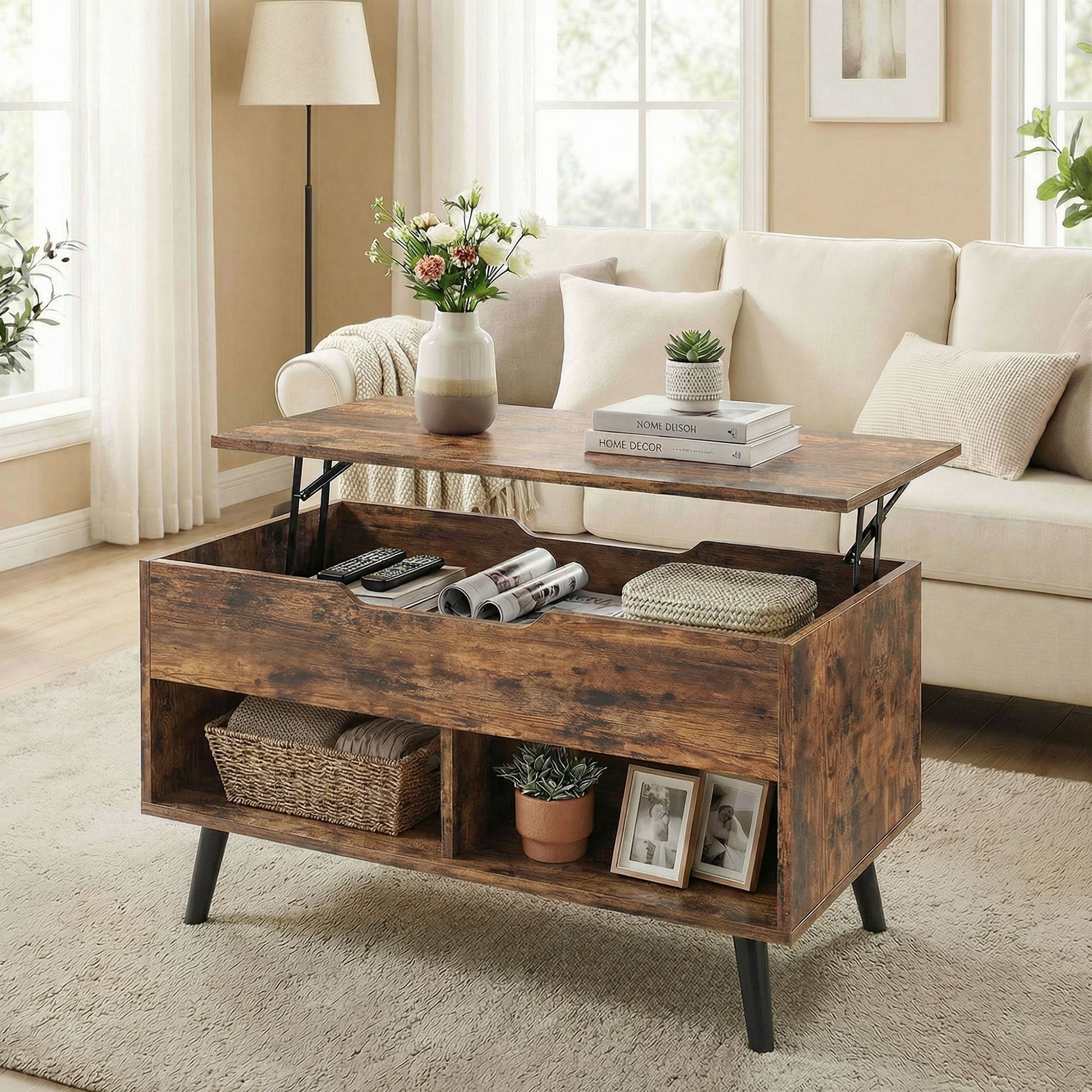 Industrial Lift Top Coffee Table, Living Room Table with Hidden Compartment, Open Shelves and Metal Legs, 75 cm, Rustic Brown