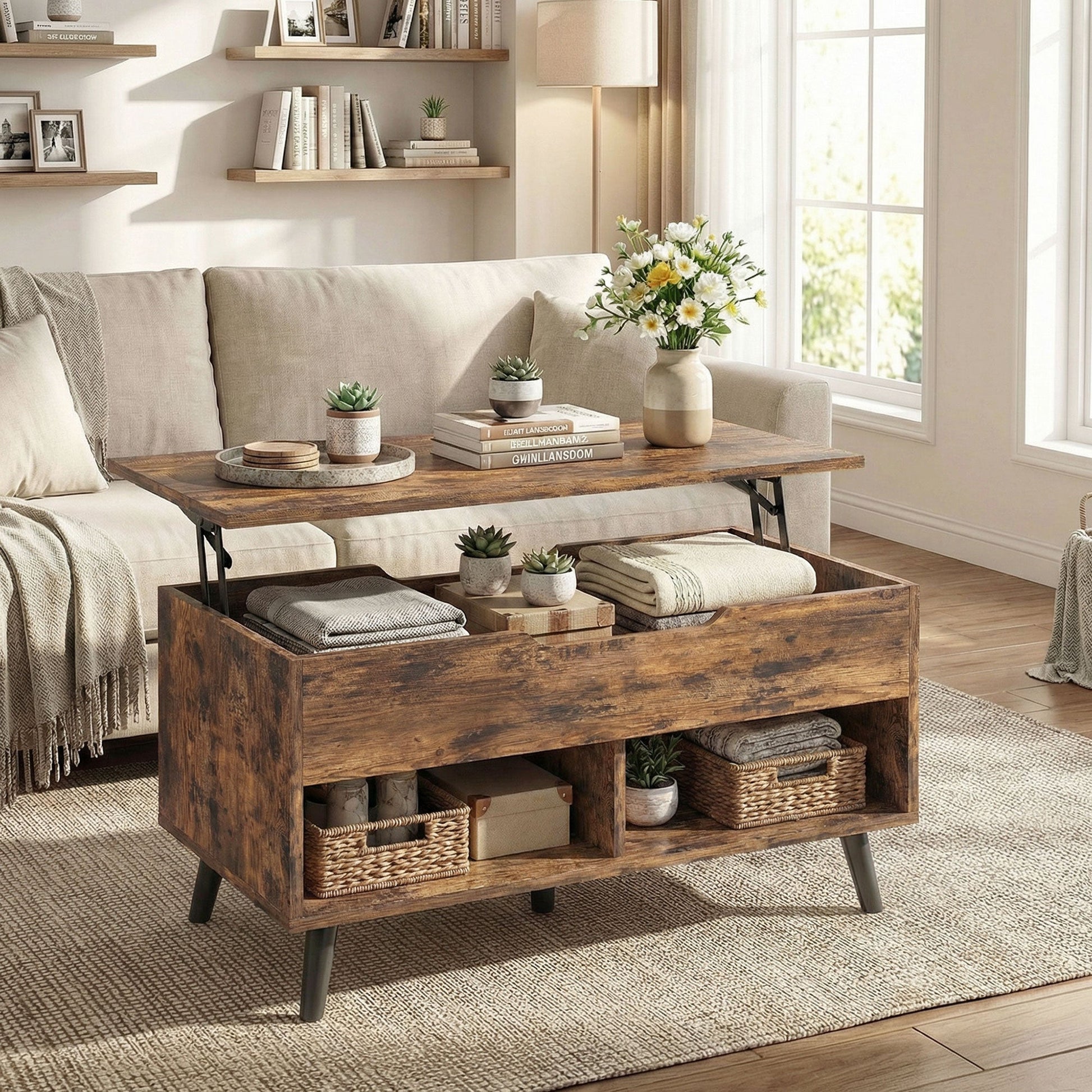 Industrial Lift Top Coffee Table, Living Room Table with Hidden Compartment, Open Shelves and Metal Legs, 75 cm, Rustic Brown
