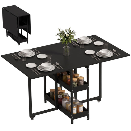 Folding Dining Table for 4, Space-Saving Drop-Leaf Kitchen Table with Storage Shelves and Wheels for Small Spaces, Dining Room or Kitchen, Black