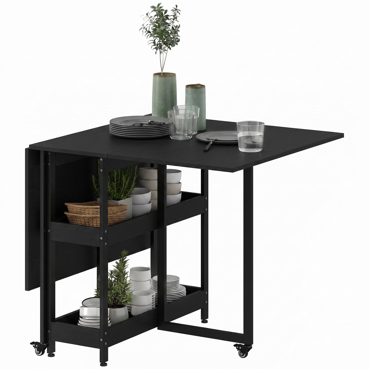 Folding Dining Table for 4, Space-Saving Drop-Leaf Kitchen Table with Storage Shelves and Wheels for Small Spaces, Dining Room or Kitchen, Black