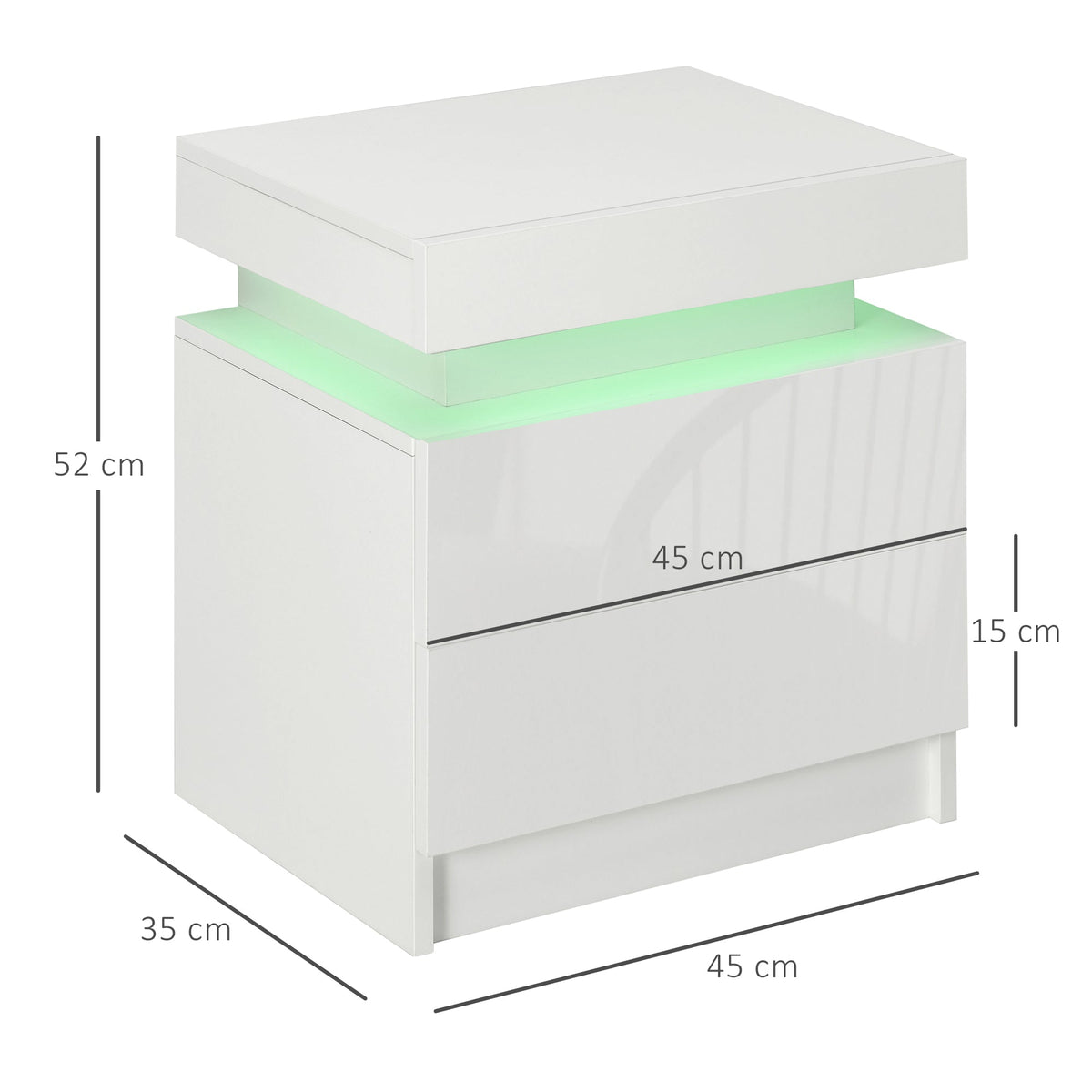 HOMCOM High Gloss Front Bedside Table, Nightstand with RGB LED Light, 2 Drawers Chest of Drawers, White, for Bedroom, Living Room