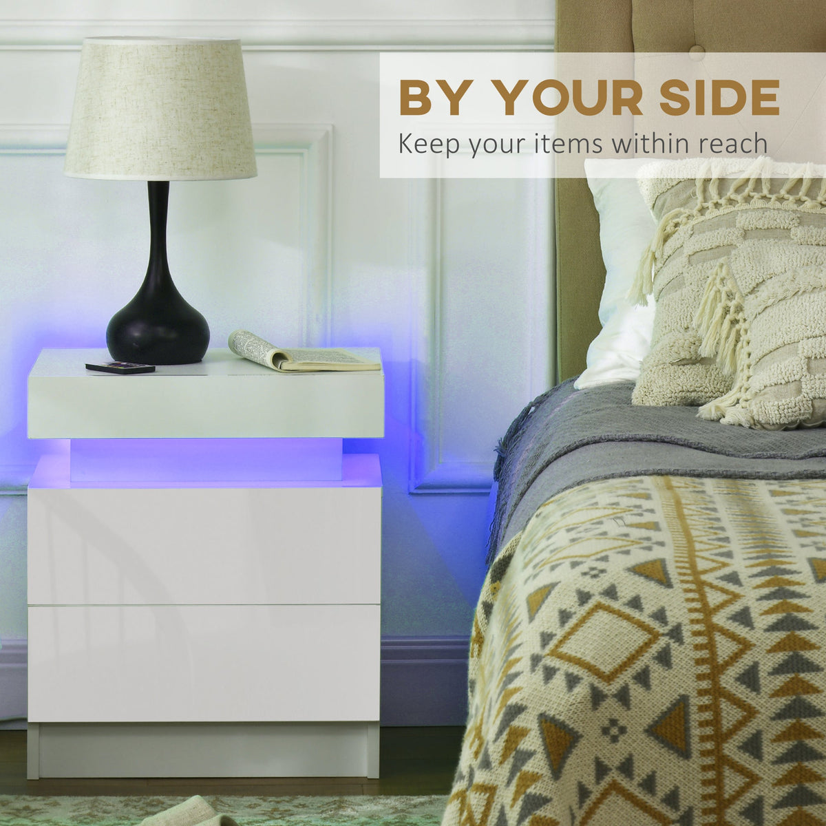 HOMCOM High Gloss Front Bedside Table, Nightstand with RGB LED Light, 2 Drawers Chest of Drawers, White, for Bedroom, Living Room