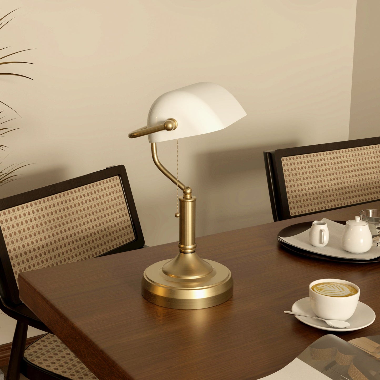 HOMCOM Banker's Table Lamp Desk Lamp with Antique Bronze Tone Base, White Glass Shade and Pull Rope Switch for Home Office, Living Room, Bedroom, Dining Room, White