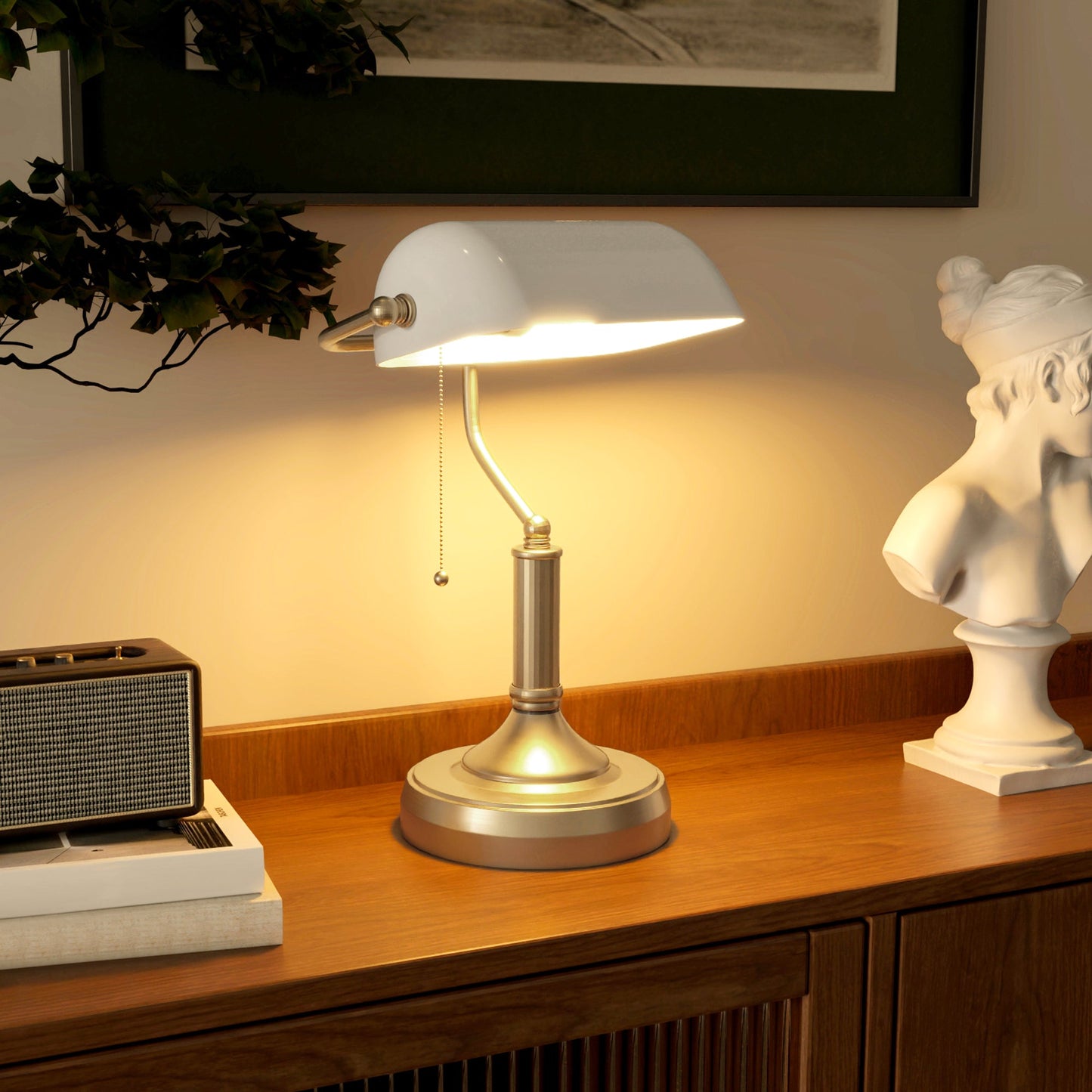 HOMCOM Banker's Table Lamp Desk Lamp with Antique Bronze Tone Base, White Glass Shade and Pull Rope Switch for Home Office, Living Room, Bedroom, Dining Room, White