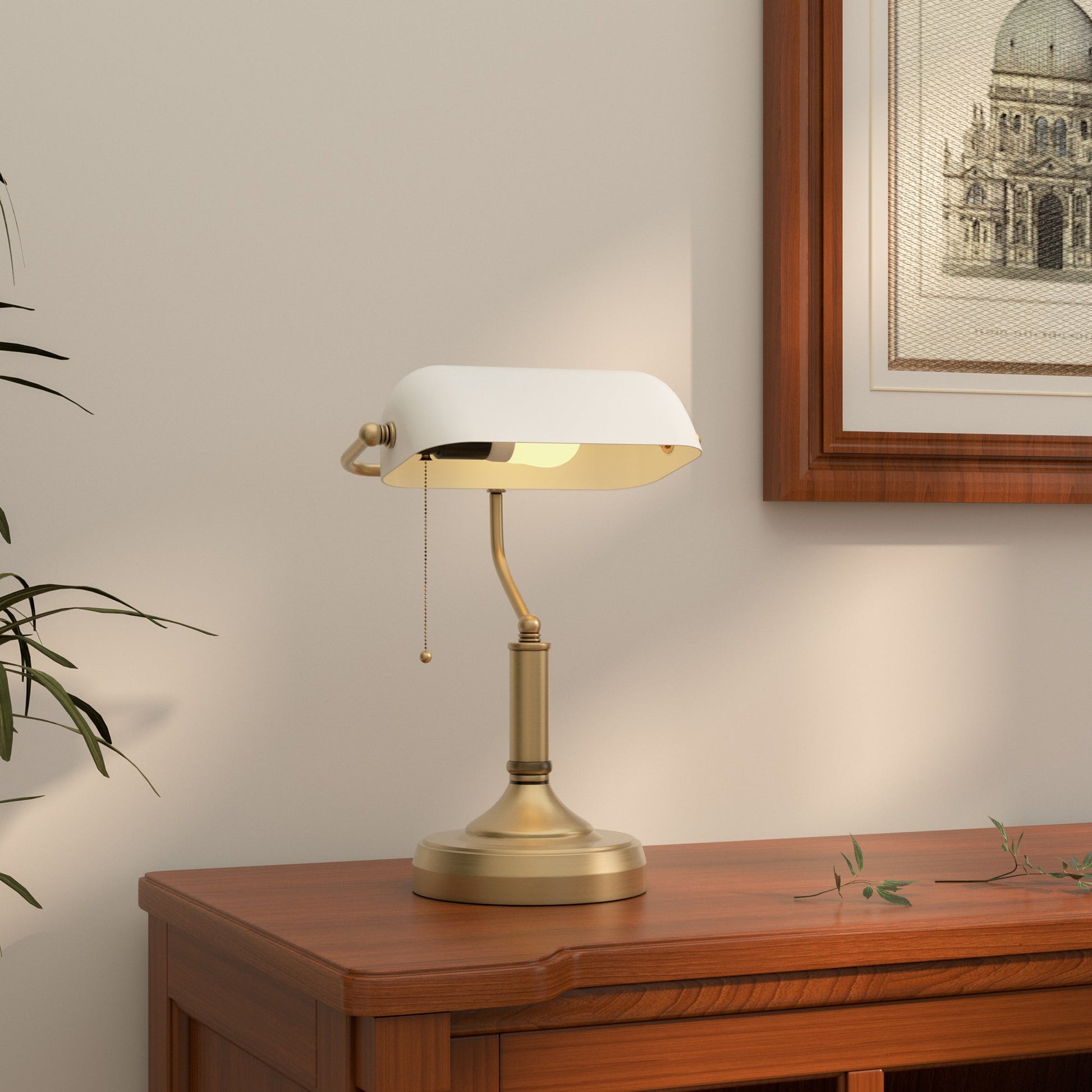HOMCOM Banker's Table Lamp Desk Lamp with Antique Bronze Tone Base, White Glass Shade and Pull Rope Switch for Home Office, Living Room, Bedroom, Dining Room, White