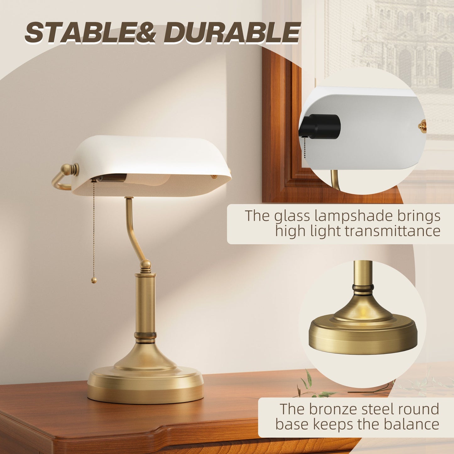 HOMCOM Banker's Table Lamp Desk Lamp with Antique Bronze Tone Base, White Glass Shade and Pull Rope Switch for Home Office, Living Room, Bedroom, Dining Room, White