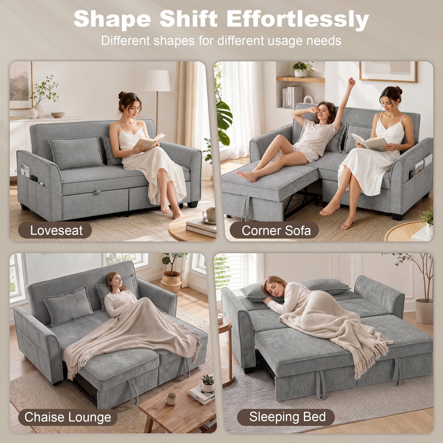 2 Seater Sofa Bed, 4-in-1 L Shaped Convertible Pull Out Sleeper Sofa with Adjustable Backrest, Chenille Loveseat with 2 Pillows, Wide Deep Seat, Side Pockets for Living Room, Grey