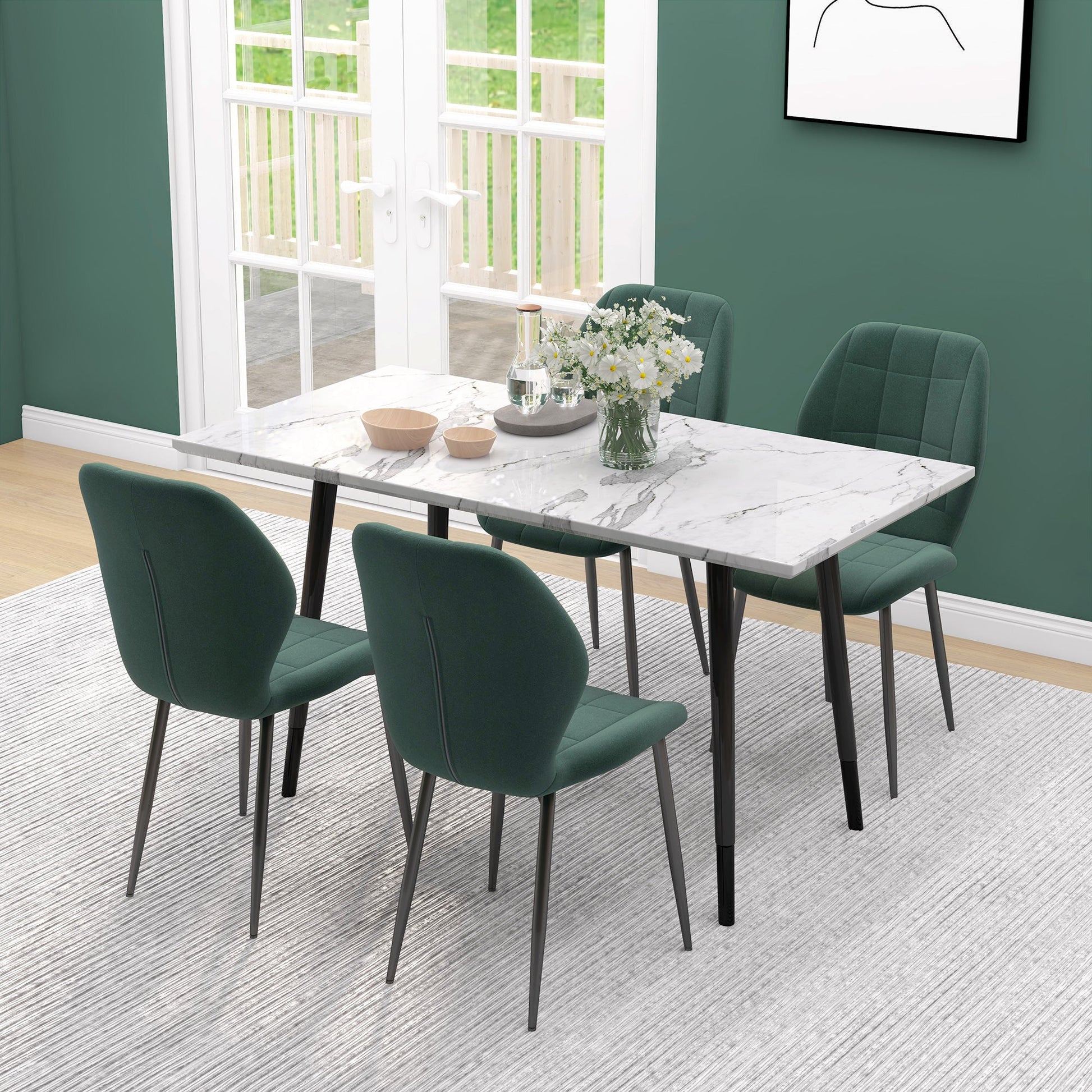 Dining Chairs Set of 4, Modern Style Flannel Upholstered Kitchen Chairs with Backs and Steel Legs, for Living Room, Dining Room, Bedroom, Dark Green