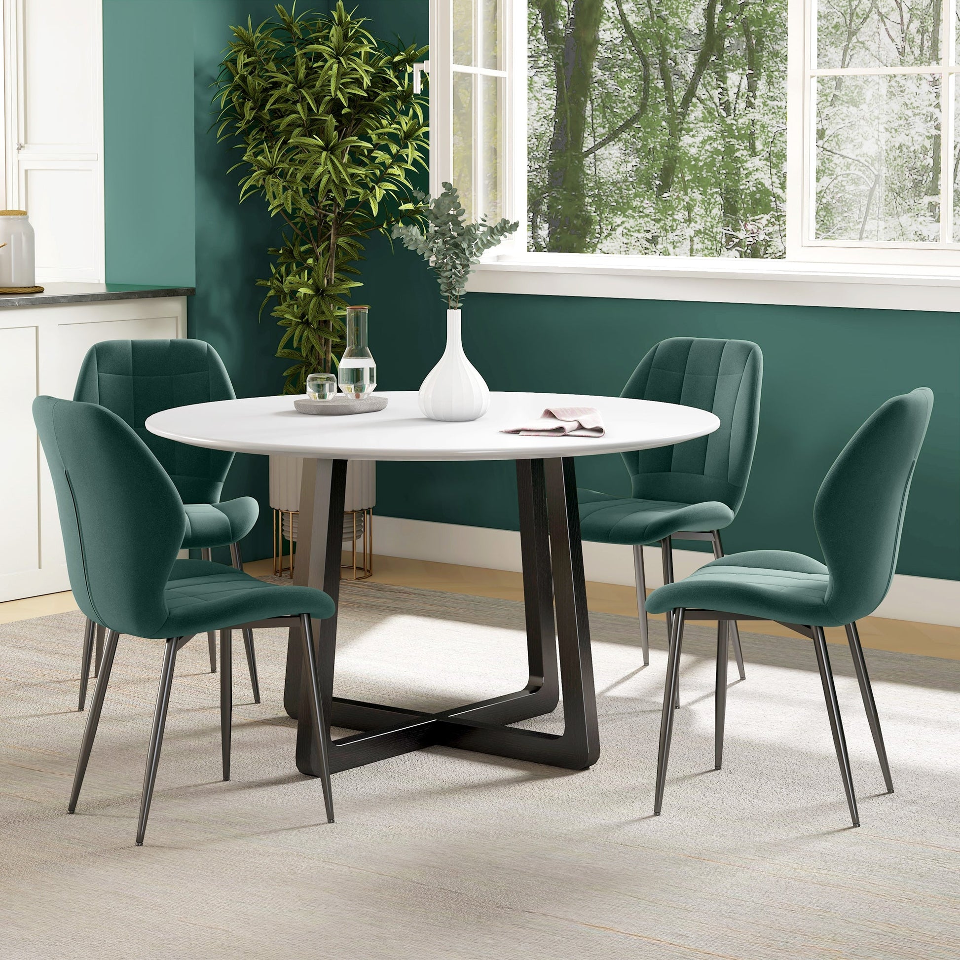 Dining Chairs Set of 4, Modern Style Flannel Upholstered Kitchen Chairs with Backs and Steel Legs, for Living Room, Dining Room, Bedroom, Dark Green