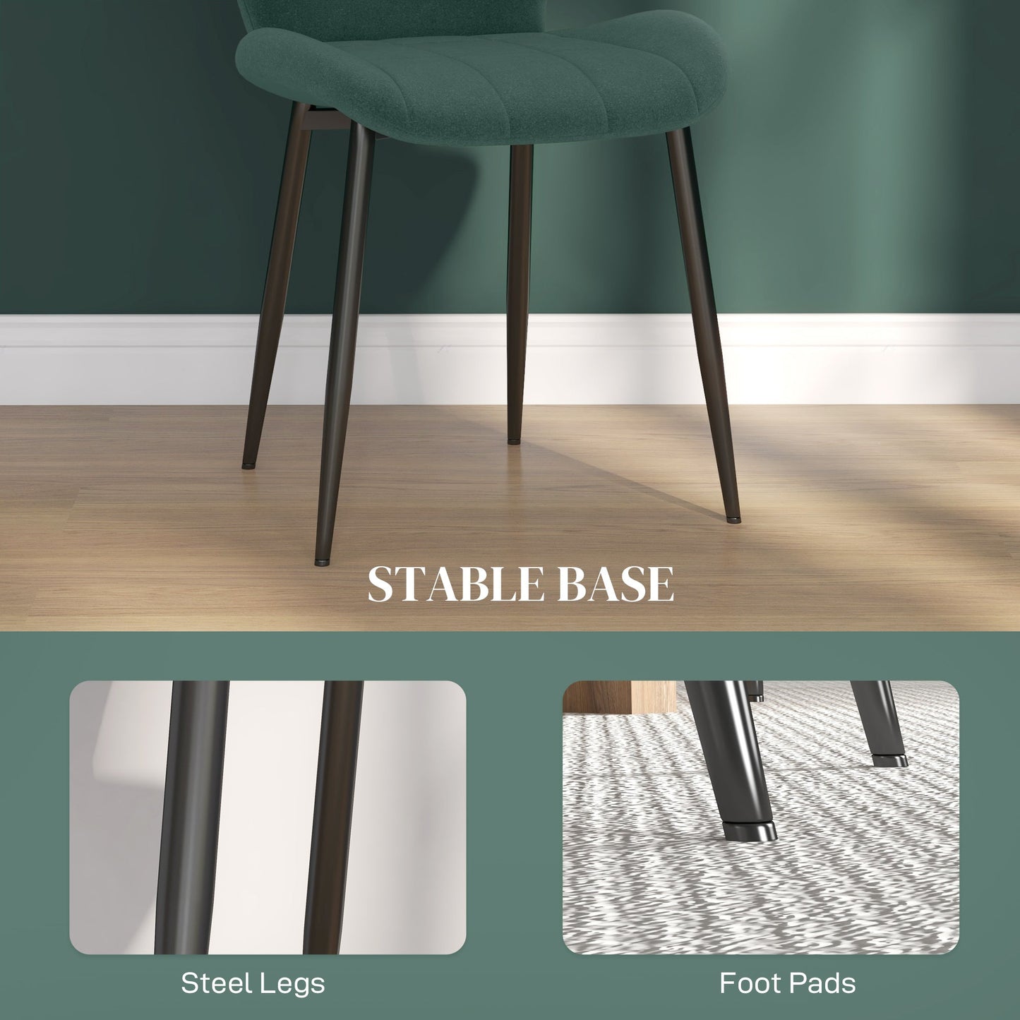 Dining Chairs Set of 4, Modern Style Flannel Upholstered Kitchen Chairs with Backs and Steel Legs, for Living Room, Dining Room, Bedroom, Dark Green