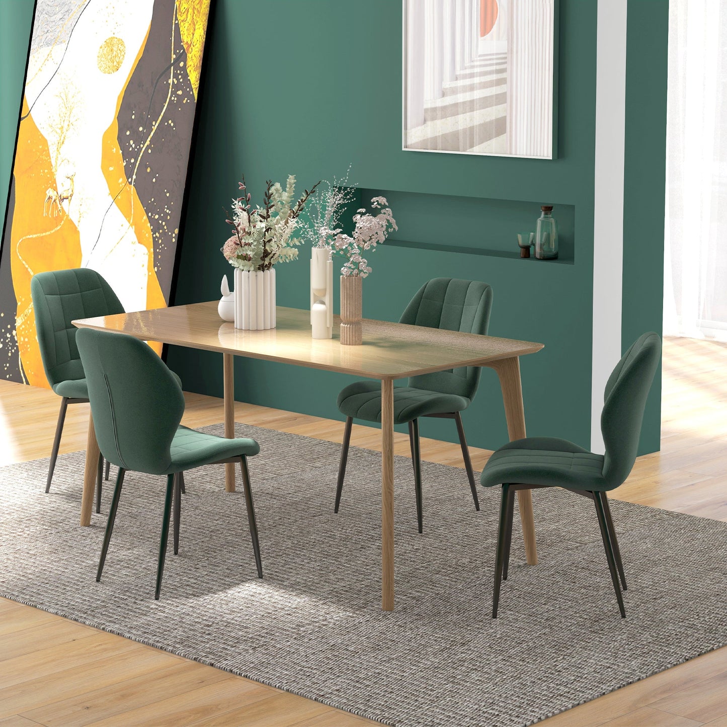 Dining Chairs Set of 4, Modern Style Flannel Upholstered Kitchen Chairs with Backs and Steel Legs, for Living Room, Dining Room, Bedroom, Dark Green