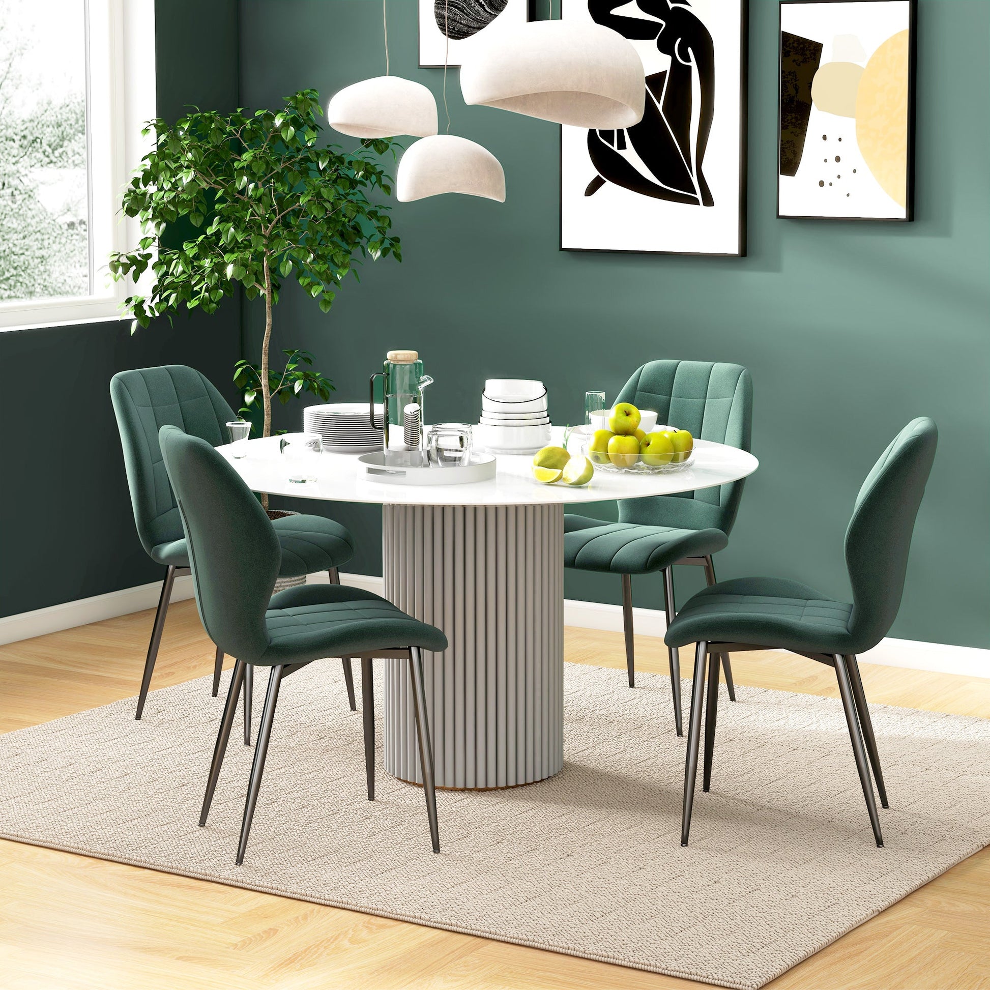 Dining Chairs Set of 4, Modern Style Flannel Upholstered Kitchen Chairs with Backs and Steel Legs, for Living Room, Dining Room, Bedroom, Dark Green