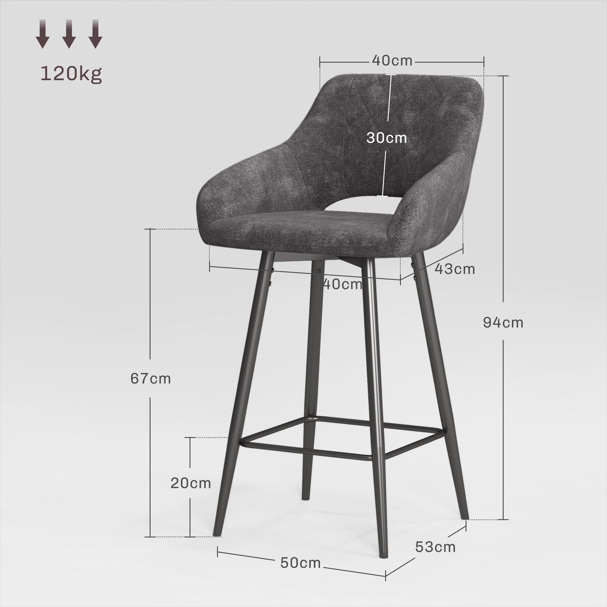 HOMCOM Bar Stools Set of 2, Velvet-Touch Fabric Counter Height Bar Chairs, Kitchen Stools with Steel Legs for Dining Area, Kitchen Island Barstools, Dark Grey