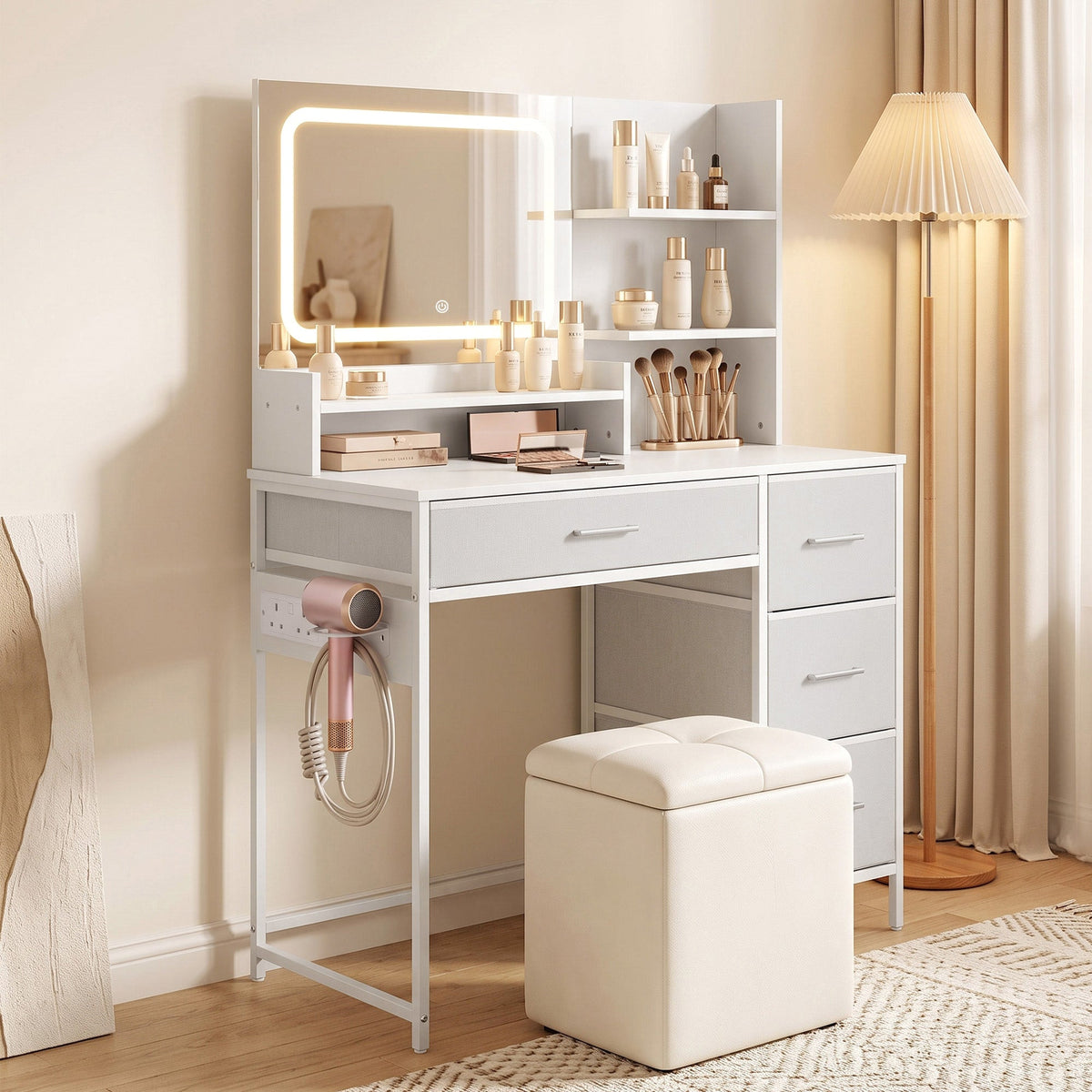 Dressing Table with 3-Colour LED Mirror and Power Outlet, Vanity Desk with 4 Drawers, 5 Open Shelves and Hair Dryer Holder, Modern Makeup Table for Bedroom, 88 x 40 x 130 cm, White