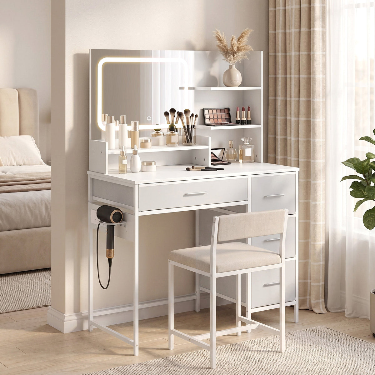 Dressing Table with 3-Colour LED Mirror and Power Outlet, Vanity Desk with 4 Drawers, 5 Open Shelves and Hair Dryer Holder, Modern Makeup Table for Bedroom, 88 x 40 x 130 cm, White