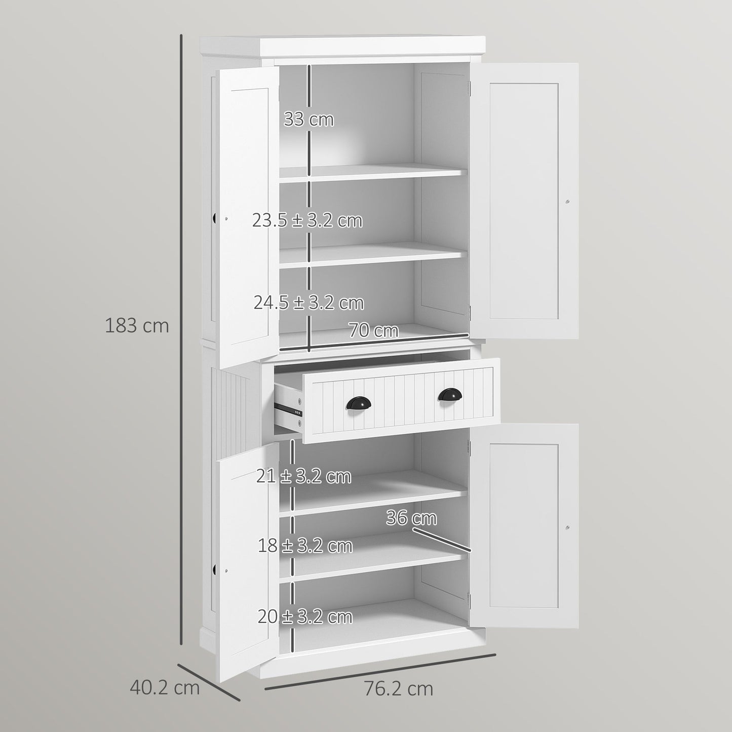 183 cm Tall Kitchen Cabinet, Freestanding Storage Cabinet with 4 Doors, Drawer and Adjustable Shelves, Kitchen Cupboard for Dining Room, White