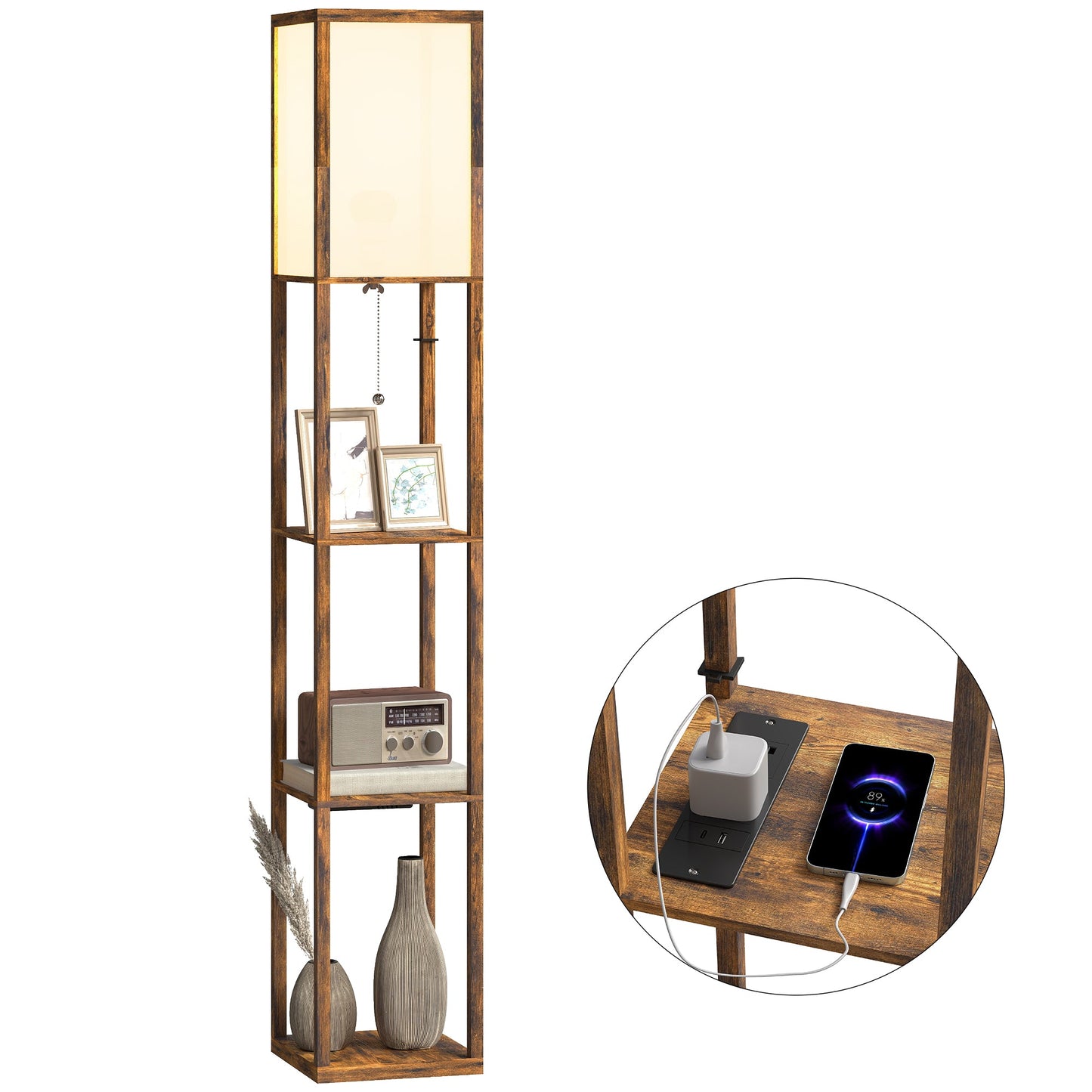 Floor Lamp with Shelves, 4 Layer Column Modern Standing Lamp with USB-A/C Ports and 3 Adjustable Colour Temperature for Living Room, Bedroom, Office, Rustic Brown