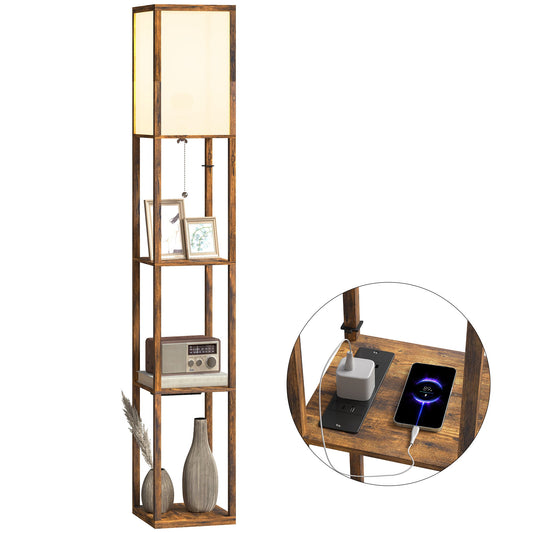 Floor Lamp with Shelves, 4 Layer Column Modern Standing Lamp with USB-A/C Ports and 3 Adjustable Colour Temperature for Living Room, Bedroom, Office, Rustic Brown