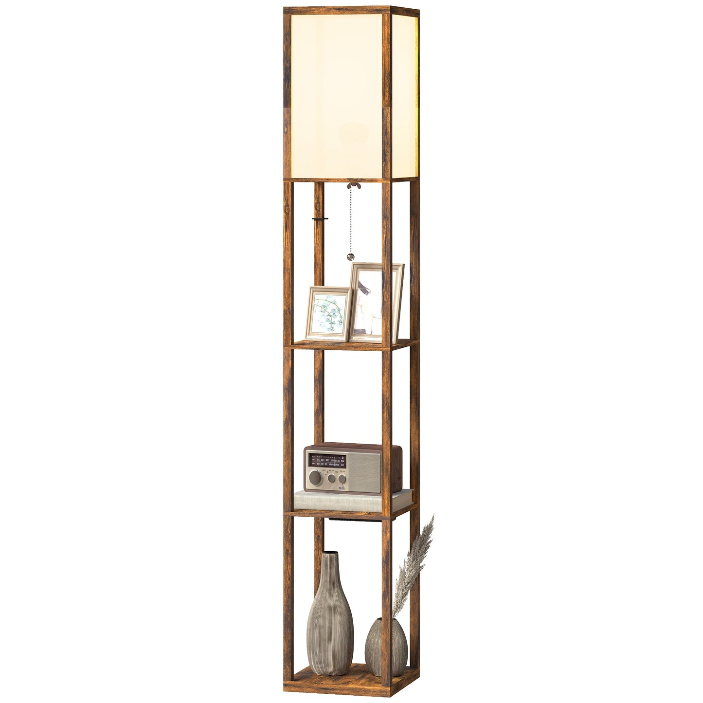 Floor Lamp with Shelves, 4 Layer Column Modern Standing Lamp with USB-A/C Ports and 3 Adjustable Colour Temperature for Living Room, Bedroom, Office, Rustic Brown