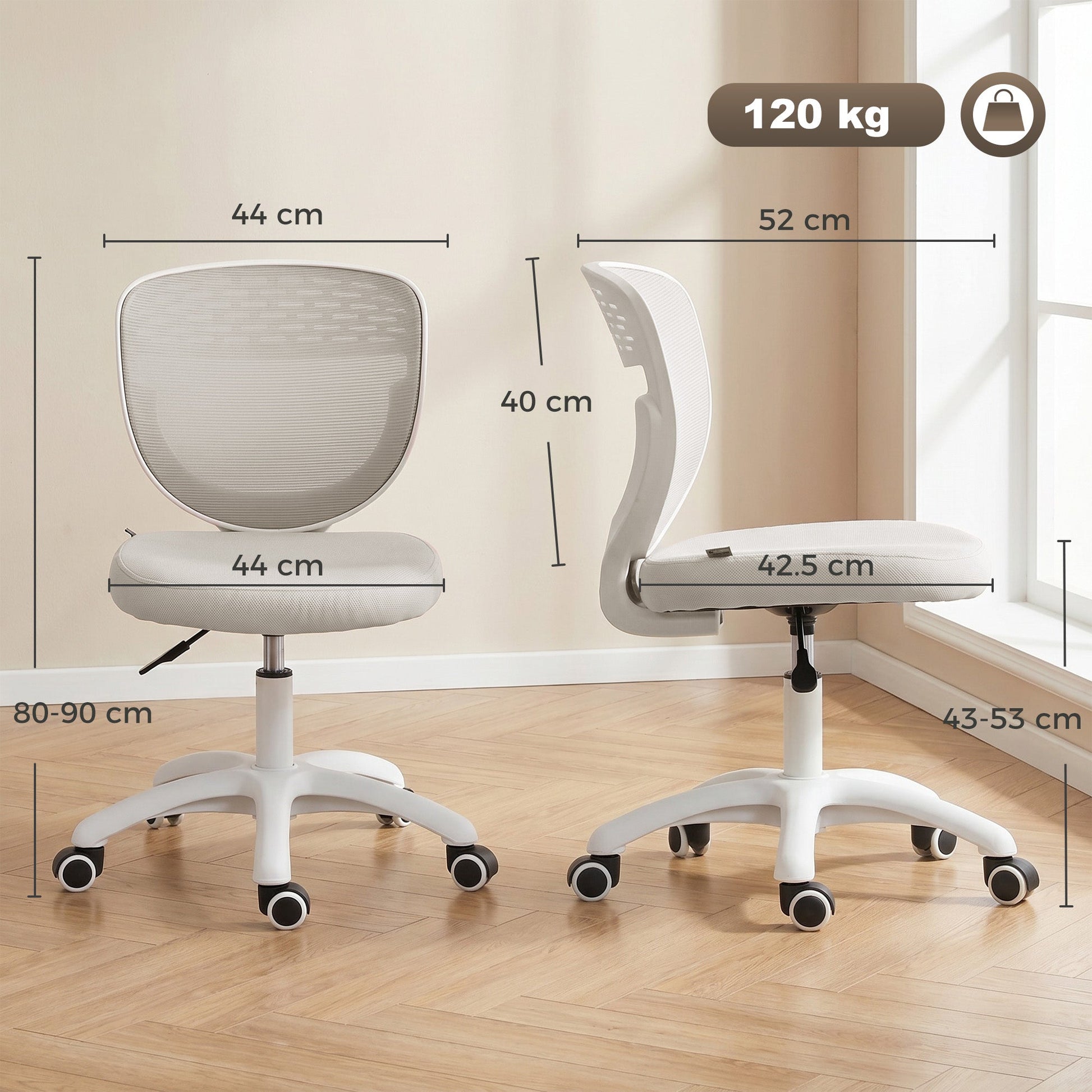Ergonomic Office Chair, Armless Computer Desk Chair with Breathable Mesh Back, Padded Seat and Swivel Wheels, Adjustable Height for Home Office Study Bedroom, Grey