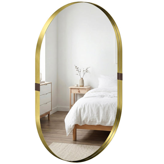 Wall Mirror with Elevated Aluminium Alloy Frame, 60 x 90 cm Bathroom Mirror with Tempered Glass for Living Room, Bedroom, Hallway, Gold Tone