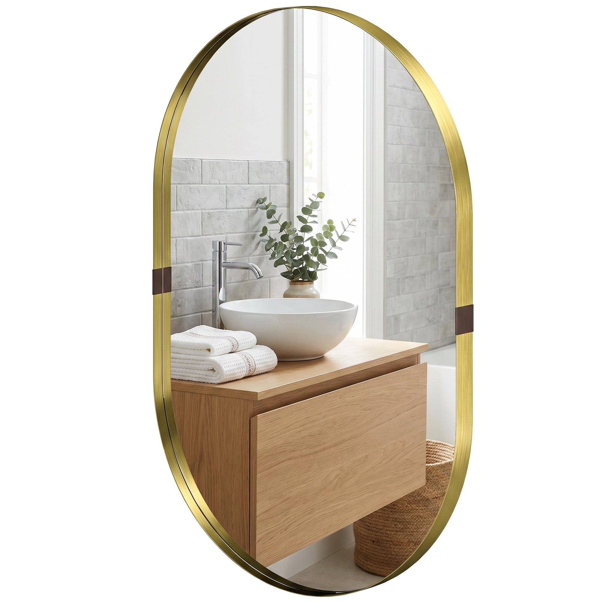 Wall Mirror with Elevated Aluminium Alloy Frame, 60 x 90 cm Bathroom Mirror with Tempered Glass for Living Room, Bedroom, Hallway, Gold Tone