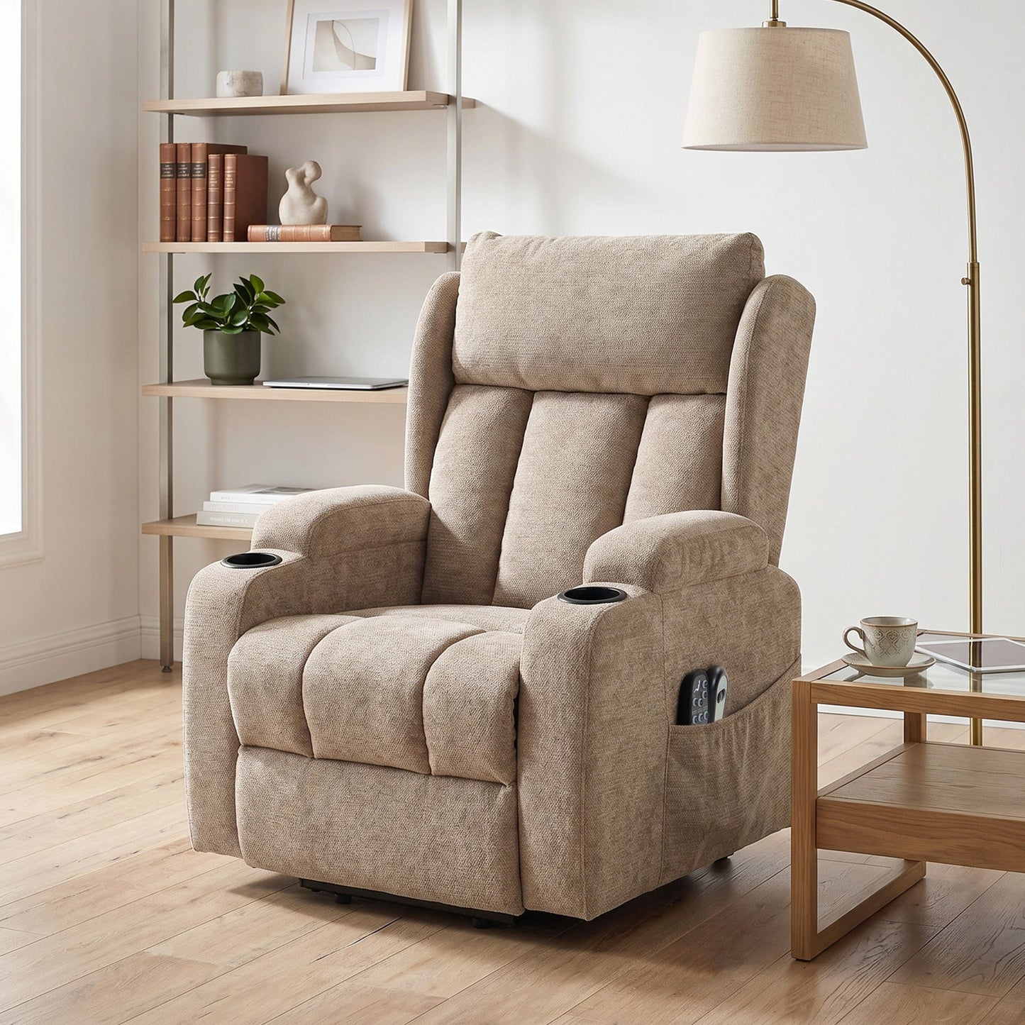 Power Lift Recliner Chair with Vibration Massage and Heat, Chenille Riser and Recliner Armchair for Elderly with Folding Headrest, Spring Cushion, Wide and High Back, Cup Holders, Remote, Brown