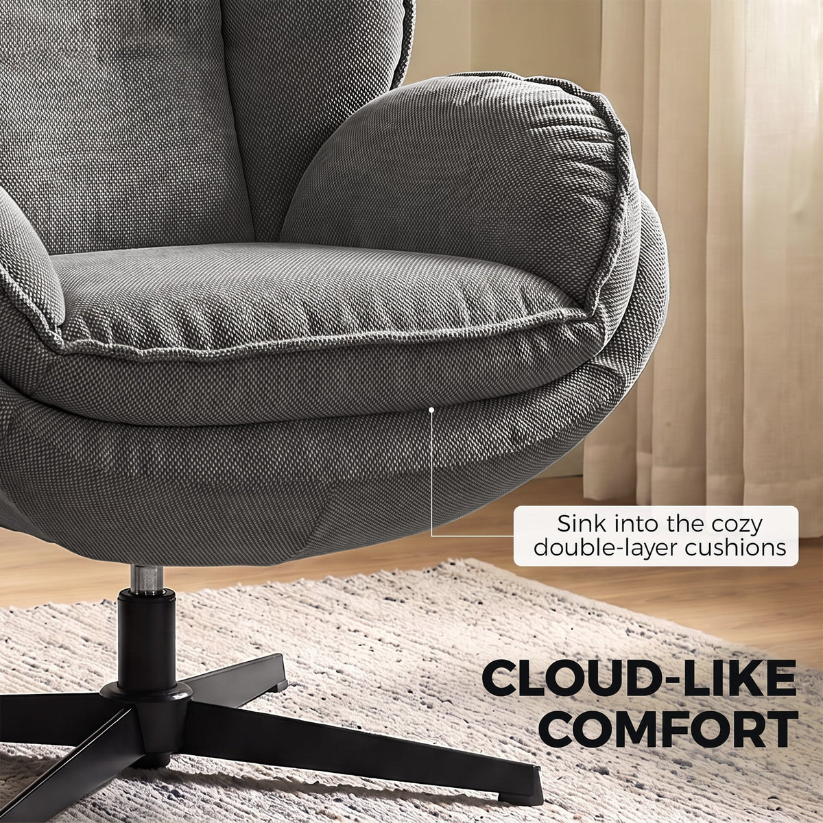Armchair with Adjustable Footstool, 360° Swivel Chenille Cloud Accent Chair with Thick Cushion, Steel Base for Living Room, Bedroom, Grey