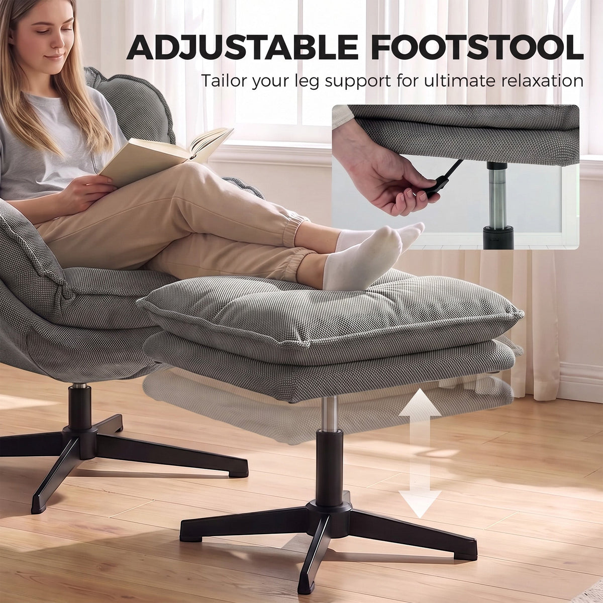 Armchair with Adjustable Footstool, 360° Swivel Chenille Cloud Accent Chair with Thick Cushion, Steel Base for Living Room, Bedroom, Grey
