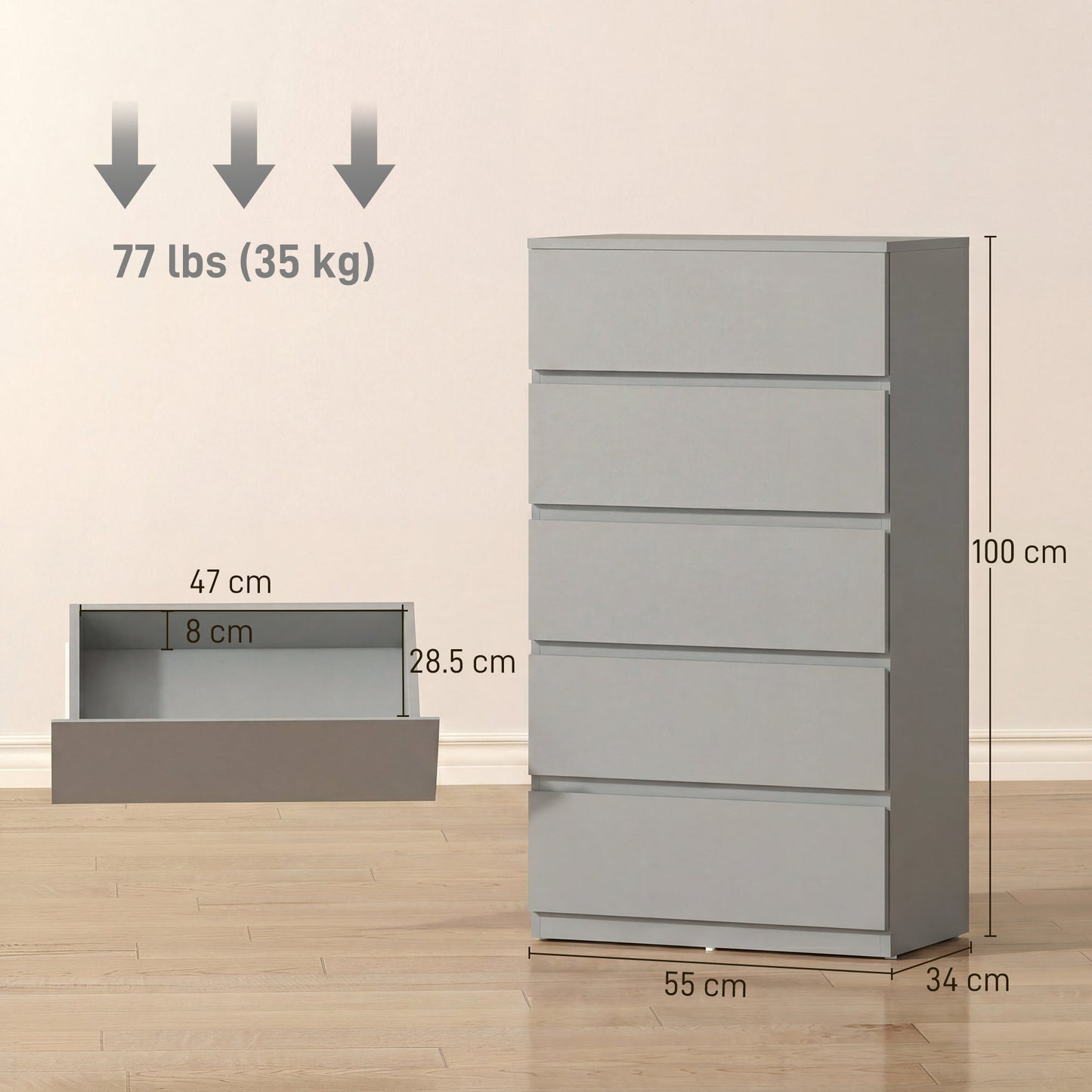 Chest of Drawers, 5 Drawers Storage Cabinet Floor Tower Cupboard for Bedroom Living Room, Grey