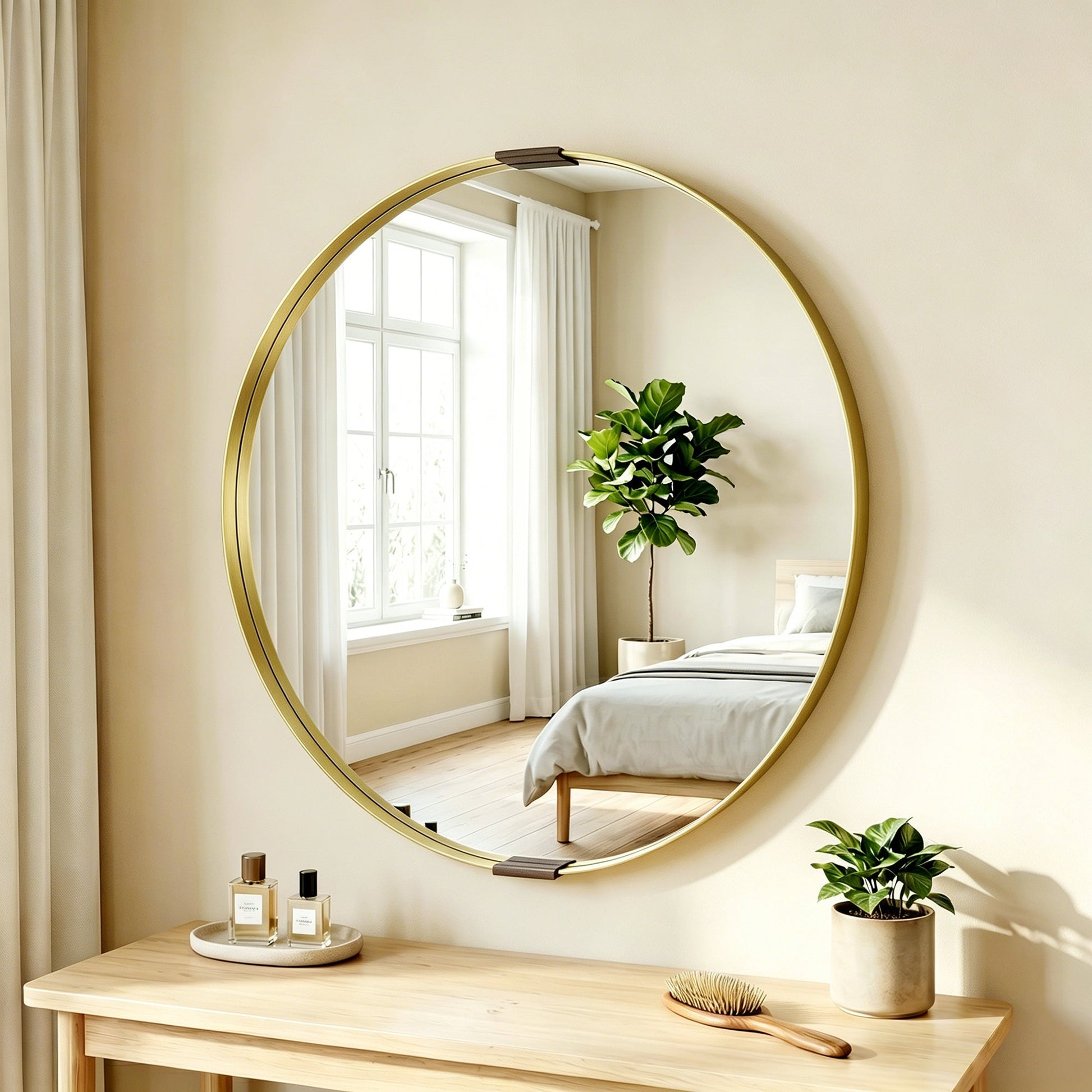 Round Wall Mirror 61 cm, Wall Mounted Bathroom Mirror with Tempered Safety Glass and Aluminium Alloy Frame for Living Room, Bedroom, Entryway, Home, Gold Tone