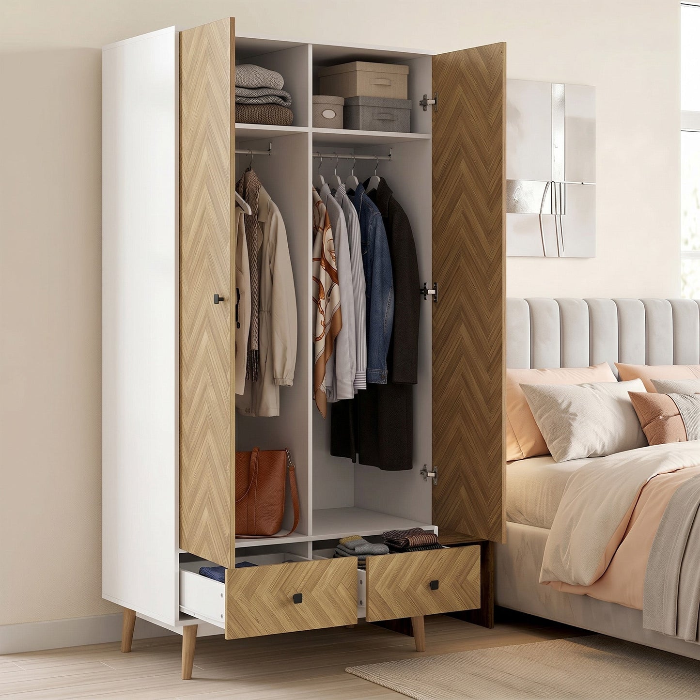 Modern Wardrobe Cabinet Wood-Effect Sticker Surface with 2 Hanging Rods, 2 Storage Shelves and 2 Drawers, 90 x 50 x 190 cm, White and Natural Wood Finish