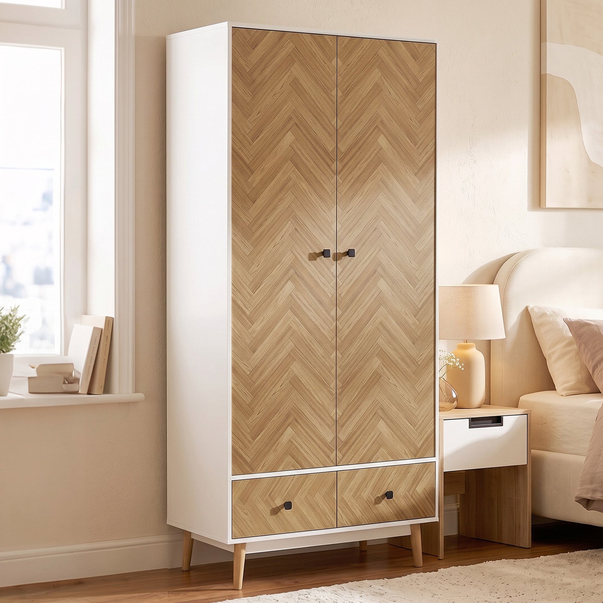 Modern Wardrobe Cabinet Wood-Effect Sticker Surface with 2 Hanging Rods, 2 Storage Shelves and 2 Drawers, 90 x 50 x 190 cm, White and Natural Wood Finish