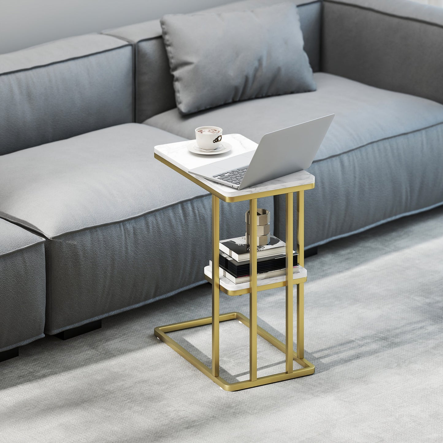 C-Shaped Narrow Side Table, 2-Tier Slim End Table with Storage Shelf, Modern Nightstand for Small Spaces, Living Room, Bedroom, 50 x 30 x 57.5 cm, White Marble Grain