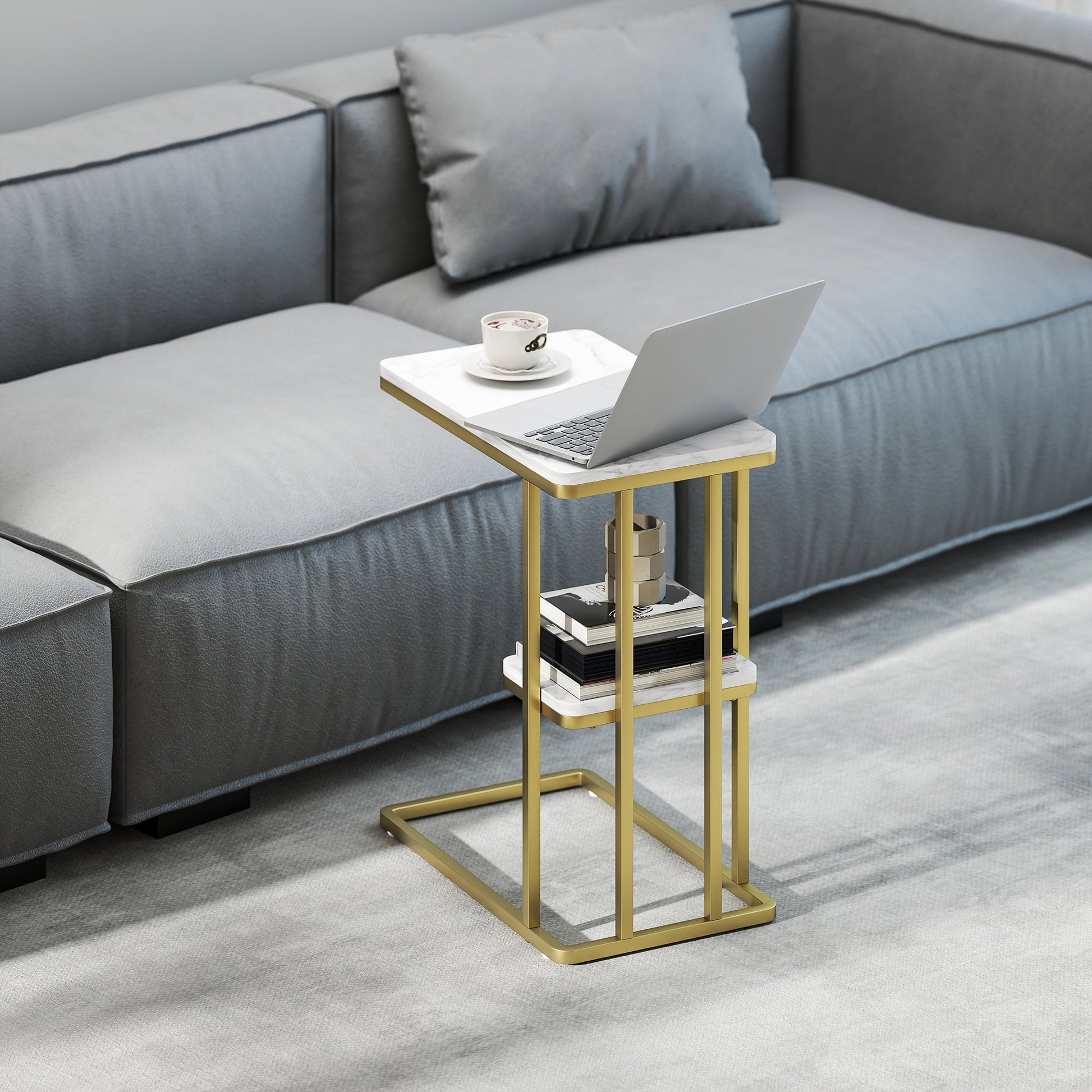 C-Shaped Narrow Side Table, 2-Tier Slim End Table with Storage Shelf, Modern Nightstand for Small Spaces, Living Room, Bedroom, 50 x 30 x 57.5 cm, White Marble Grain