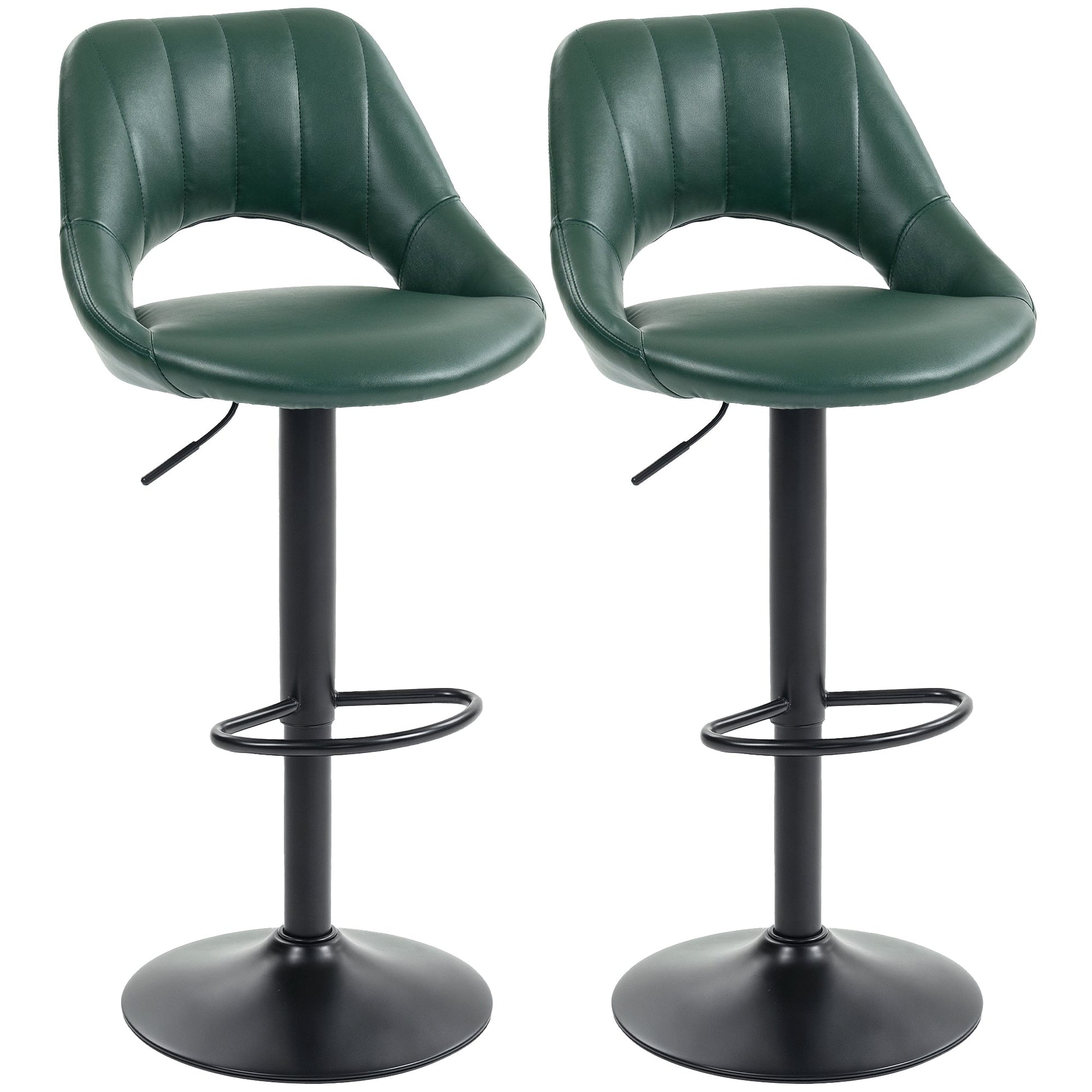 Bar Stools Set of 2, Swivel Barstools with Adjustable Height, Backrest and Footrest,  Modern PU Leather Upholstered Breakfast Bar Chairs for Kitchen Island, Counter, Dining Room, Dark Green