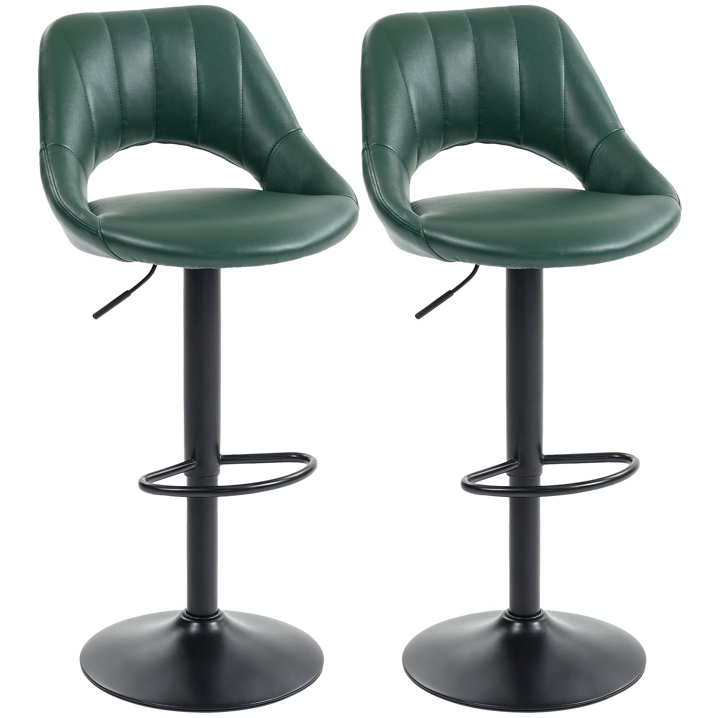 Bar Stools Set of 2, Swivel Barstools with Adjustable Height, Backrest and Footrest,  Modern PU Leather Upholstered Breakfast Bar Chairs for Kitchen Island, Counter, Dining Room, Dark Green